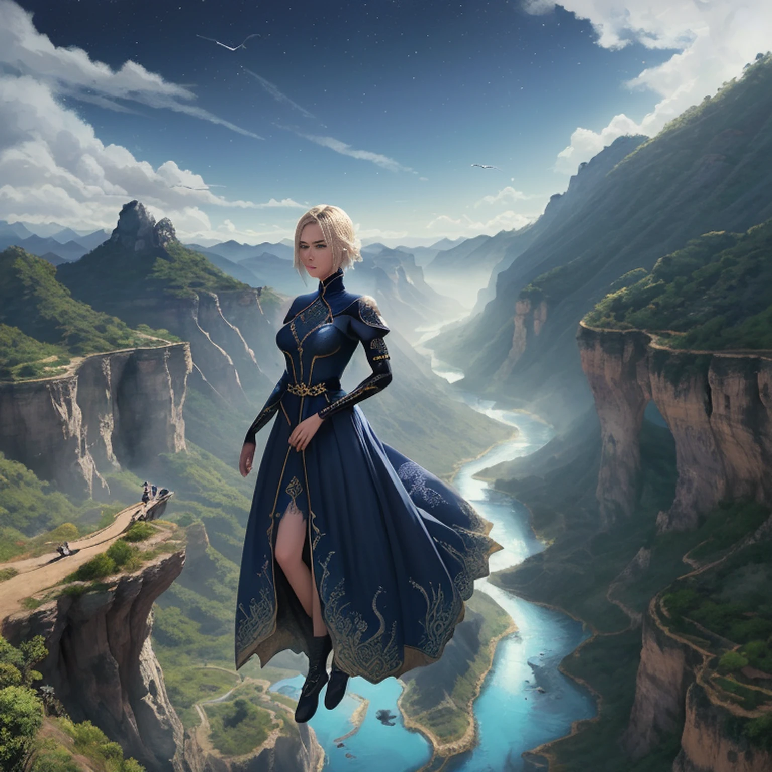((melhor qualidade)), ((obra-prima)), (detalhado), Empress Dragon "Charlize Theron", olhos realistas, cabelo preto, olhos azuis, seios pequenos, vestido de setin koreano sensual, paisagem maligna, ethereal beauty, (Fantasy Illustration:1.3), olhar encantador, pose cativante, garota solo, charme sobrenatural, mystical sky, noite enluarada, cores suaves, (paisagem nublada detalhada:1.3), (alta resolução:1.2) (Blue dragon flying in the sky) vestido, sobre uma colina, An army passing far into a canyon below.