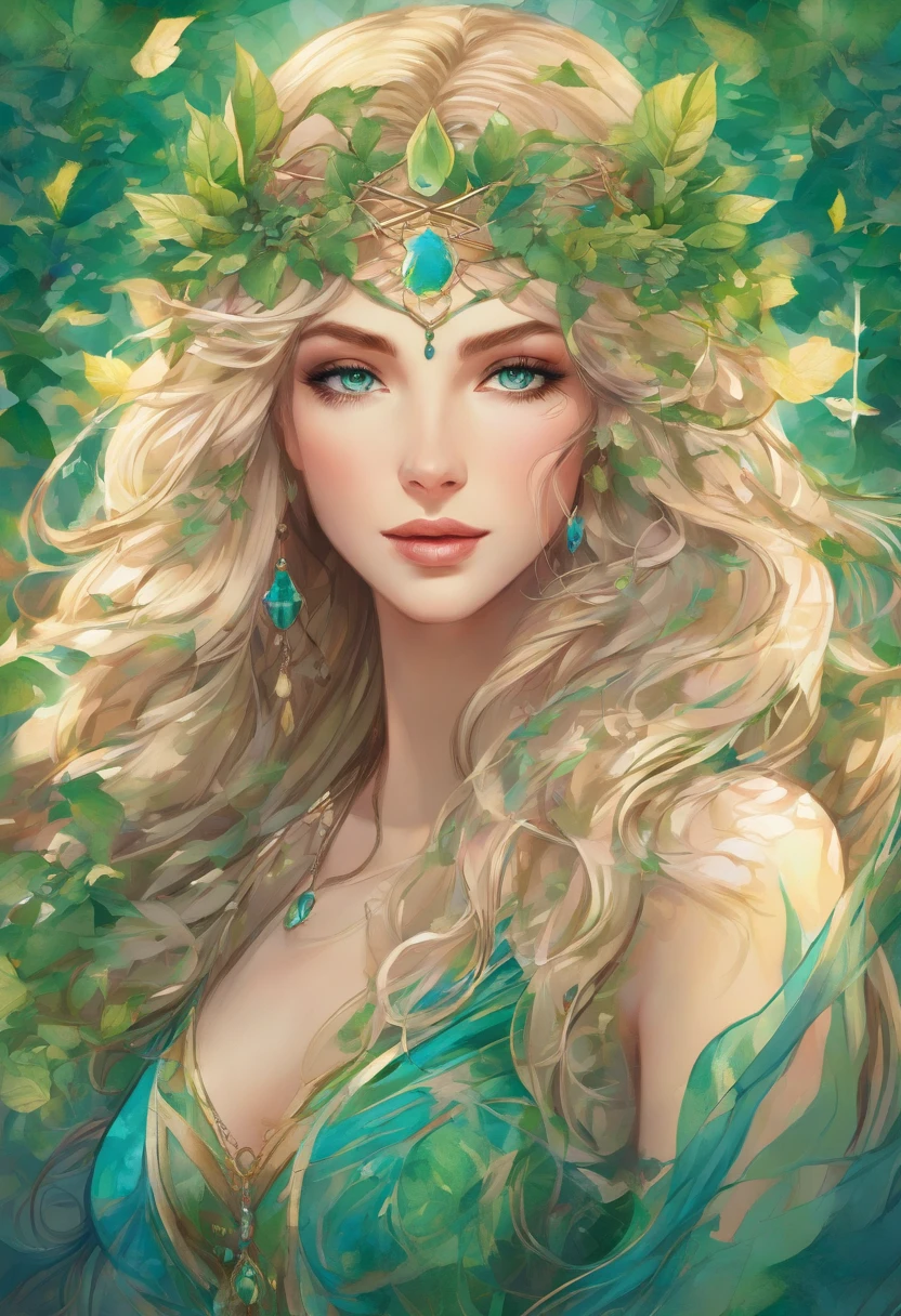 (best quality,4k,8k,highres,masterpiece:1.2),ultra-detailed,(realistic,photorealistic,photo-realistic:1.37),elf girl with long blonde hair wearing a green dress and having mesmerizing blue eyes,wisps of curly hair gently caressing her face,fair porcelain skin glowing with a soft ethereal sheen,delicate facial features exuding grace and beauty,natural-looking makeup highlighting her enchanting eyes,thin eyebrows elegantly arched upwards,long and fluttering eyelashes framing her captivating gaze,cheeks adorned with a subtle rosy blush,plump and rosy lips that seem to invite a smile,her eyes reflecting a sense of curiosity and wisdom,a crown of intricate green leaves resting on her flowing locks,green dress adorned with delicate embroidery and sparkling gemstones,flowing sleeves that cascade down her arms,soft and airy fabric gracefully draping around her slender figure,a forest filled with magical creatures serving as the backdrop,sunlight filtering through the vibrant leaves casting a warm and enchanting glow,whispering wind gently rustling the leaves enhancing the ethereal atmosphere,subtle rays of sunlight illuminating her radiant presence, vibrant shades of green and blue harmonizing with her surroundings,evoking a sense of tranquility and magic as if she belongs to a mystical realm, hinting at a story waiting to unfold.