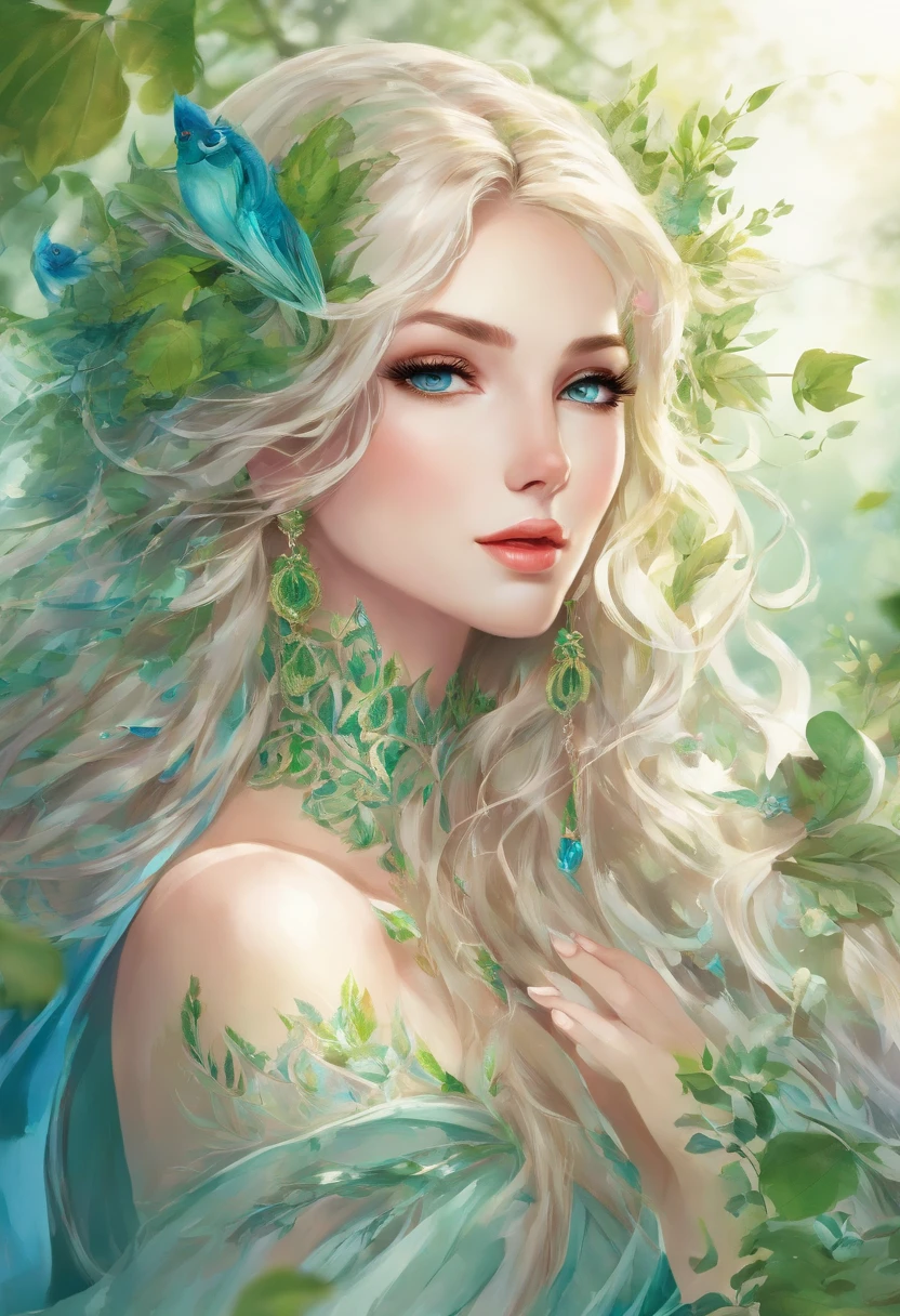 (best quality,4k,8k,highres,masterpiece:1.2),ultra-detailed,(realistic,photorealistic,photo-realistic:1.37),elf girl with long blonde hair wearing a green dress and having mesmerizing blue eyes,wisps of curly hair gently caressing her face,fair porcelain skin glowing with a soft ethereal sheen,delicate facial features exuding grace and beauty,natural-looking makeup highlighting her enchanting eyes,thin eyebrows elegantly arched upwards,long and fluttering eyelashes framing her captivating gaze,cheeks adorned with a subtle rosy blush,plump and rosy lips that seem to invite a smile,her eyes reflecting a sense of curiosity and wisdom,a crown of intricate green leaves resting on her flowing locks,green dress adorned with delicate embroidery and sparkling gemstones,flowing sleeves that cascade down her arms,soft and airy fabric gracefully draping around her slender figure,a forest filled with magical creatures serving as the backdrop,sunlight filtering through the vibrant leaves casting a warm and enchanting glow,whispering wind gently rustling the leaves enhancing the ethereal atmosphere,subtle rays of sunlight illuminating her radiant presence, vibrant shades of green and blue harmonizing with her surroundings,evoking a sense of tranquility and magic as if she belongs to a mystical realm, hinting at a story waiting to unfold.