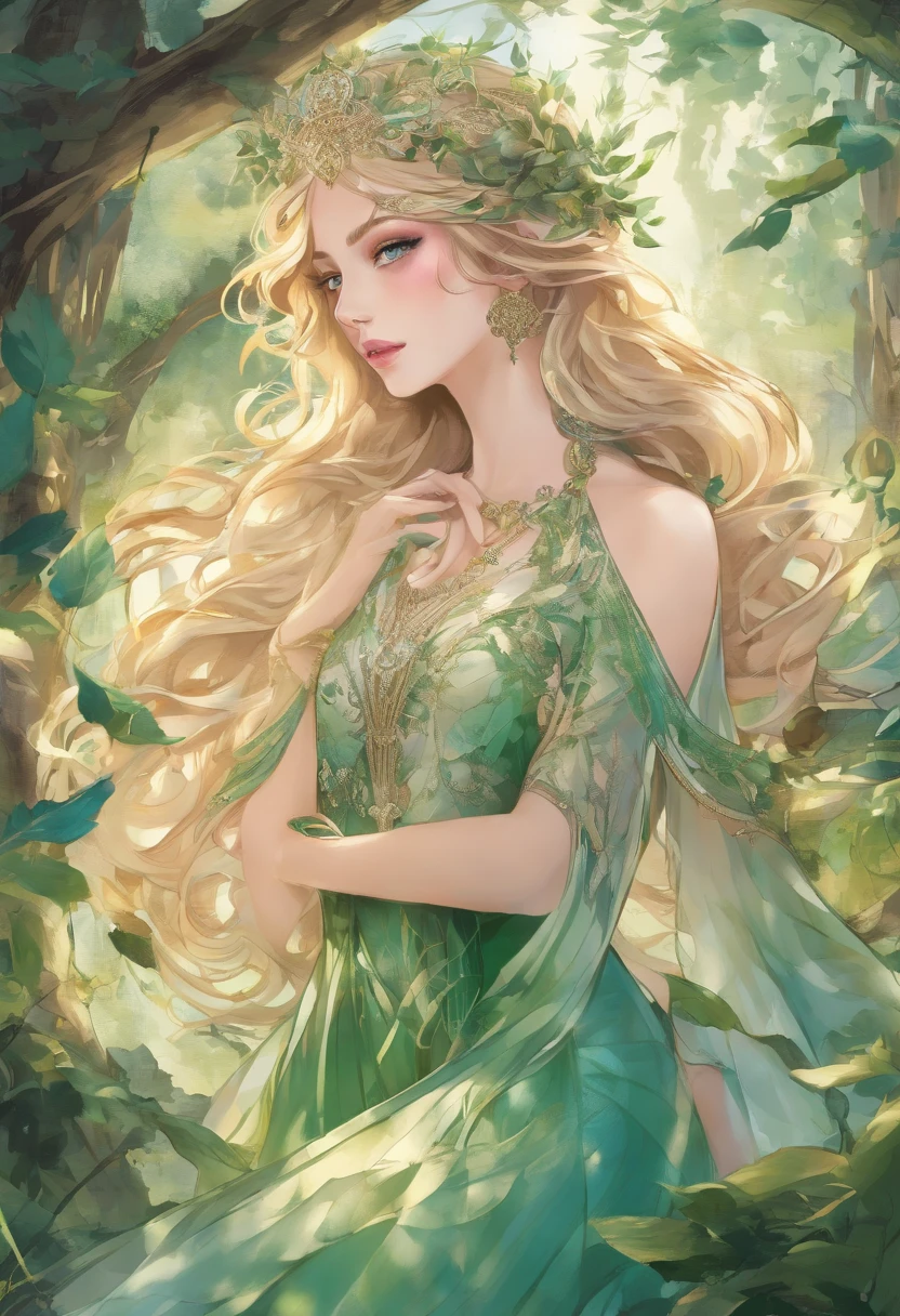 (best quality,4k,8k,highres,masterpiece:1.2),ultra-detailed,(realistic,photorealistic,photo-realistic:1.37),elf girl with long blonde hair wearing a green dress and having mesmerizing blue eyes,wisps of curly hair gently caressing her face,fair porcelain skin glowing with a soft ethereal sheen,delicate facial features exuding grace and beauty,natural-looking makeup highlighting her enchanting eyes,thin eyebrows elegantly arched upwards,long and fluttering eyelashes framing her captivating gaze,cheeks adorned with a subtle rosy blush,plump and rosy lips that seem to invite a smile,her eyes reflecting a sense of curiosity and wisdom,a crown of intricate green leaves resting on her flowing locks,green dress adorned with delicate embroidery and sparkling gemstones,flowing sleeves that cascade down her arms,soft and airy fabric gracefully draping around her slender figure,a forest filled with magical creatures serving as the backdrop,sunlight filtering through the vibrant leaves casting a warm and enchanting glow,whispering wind gently rustling the leaves enhancing the ethereal atmosphere,subtle rays of sunlight illuminating her radiant presence, vibrant shades of green and blue harmonizing with her surroundings,evoking a sense of tranquility and magic as if she belongs to a mystical realm, hinting at a story waiting to unfold.