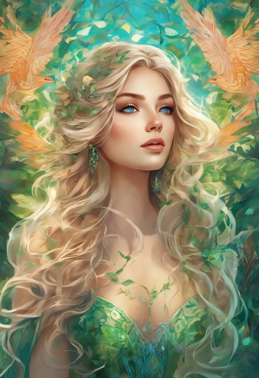 (best quality,4k,8k,highres,masterpiece:1.2),ultra-detailed,(realistic,photorealistic,photo-realistic:1.37),elf girl with long blonde hair wearing a green dress and having mesmerizing blue eyes,wisps of curly hair gently caressing her face,fair porcelain skin glowing with a soft ethereal sheen,delicate facial features exuding grace and beauty,natural-looking makeup highlighting her enchanting eyes,thin eyebrows elegantly arched upwards,long and fluttering eyelashes framing her captivating gaze,cheeks adorned with a subtle rosy blush,plump and rosy lips that seem to invite a smile,her eyes reflecting a sense of curiosity and wisdom,a crown of intricate green leaves resting on her flowing locks,green dress adorned with delicate embroidery and sparkling gemstones,flowing sleeves that cascade down her arms,soft and airy fabric gracefully draping around her slender figure,a forest filled with magical creatures serving as the backdrop,sunlight filtering through the vibrant leaves casting a warm and enchanting glow,whispering wind gently rustling the leaves enhancing the ethereal atmosphere,subtle rays of sunlight illuminating her radiant presence, vibrant shades of green and blue harmonizing with her surroundings,evoking a sense of tranquility and magic as if she belongs to a mystical realm, hinting at a story waiting to unfold.