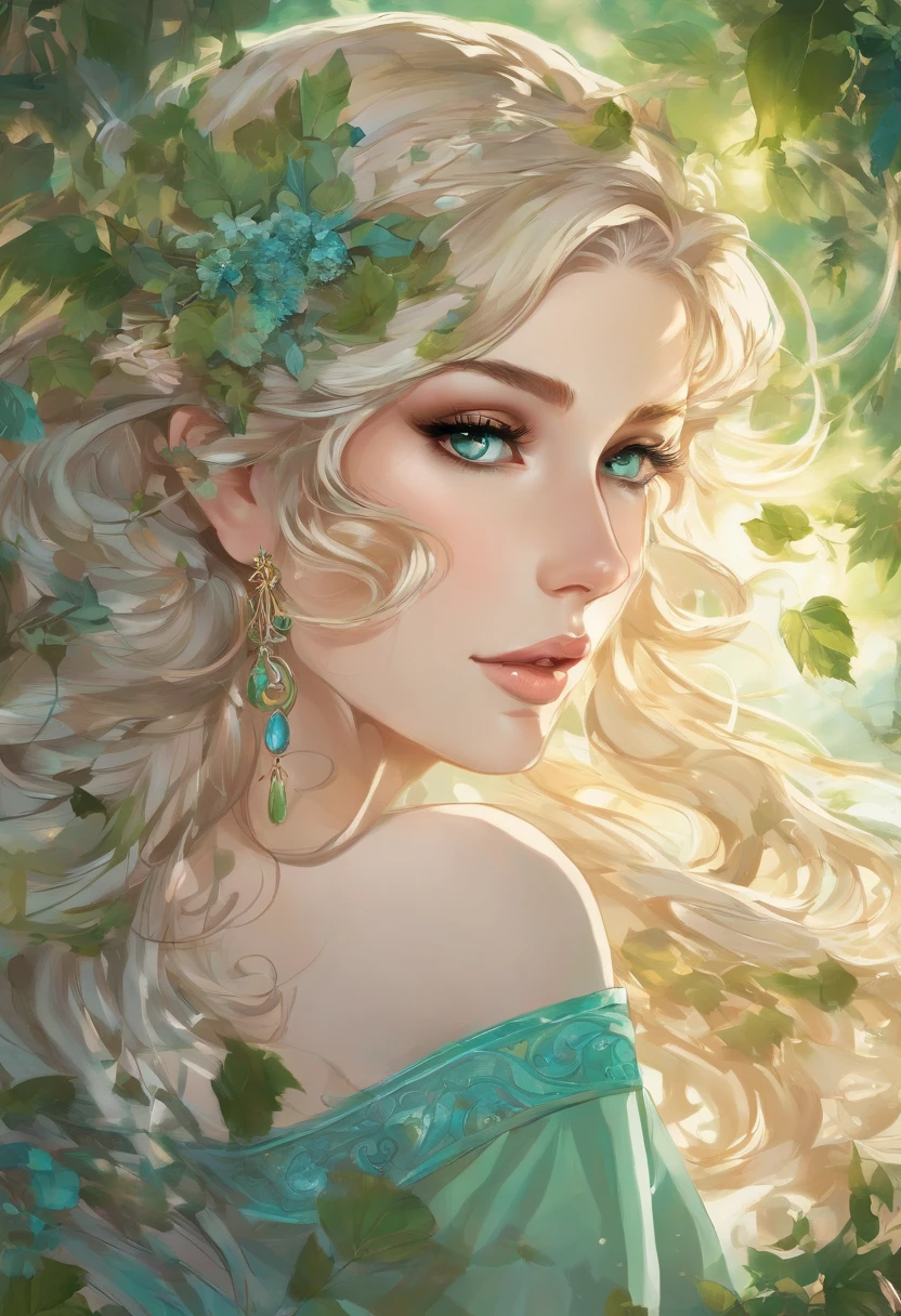 (best quality,4k,8k,highres,masterpiece:1.2),ultra-detailed,(realistic,photorealistic,photo-realistic:1.37),elf girl with long blonde hair wearing a green dress and having mesmerizing blue eyes,wisps of curly hair gently caressing her face,fair porcelain skin glowing with a soft ethereal sheen,delicate facial features exuding grace and beauty,natural-looking makeup highlighting her enchanting eyes,thin eyebrows elegantly arched upwards,long and fluttering eyelashes framing her captivating gaze,cheeks adorned with a subtle rosy blush,plump and rosy lips that seem to invite a smile,her eyes reflecting a sense of curiosity and wisdom,a crown of intricate green leaves resting on her flowing locks,green dress adorned with delicate embroidery and sparkling gemstones,flowing sleeves that cascade down her arms,soft and airy fabric gracefully draping around her slender figure,a forest filled with magical creatures serving as the backdrop,sunlight filtering through the vibrant leaves casting a warm and enchanting glow,whispering wind gently rustling the leaves enhancing the ethereal atmosphere,subtle rays of sunlight illuminating her radiant presence, vibrant shades of green and blue harmonizing with her surroundings,evoking a sense of tranquility and magic as if she belongs to a mystical realm, hinting at a story waiting to unfold.