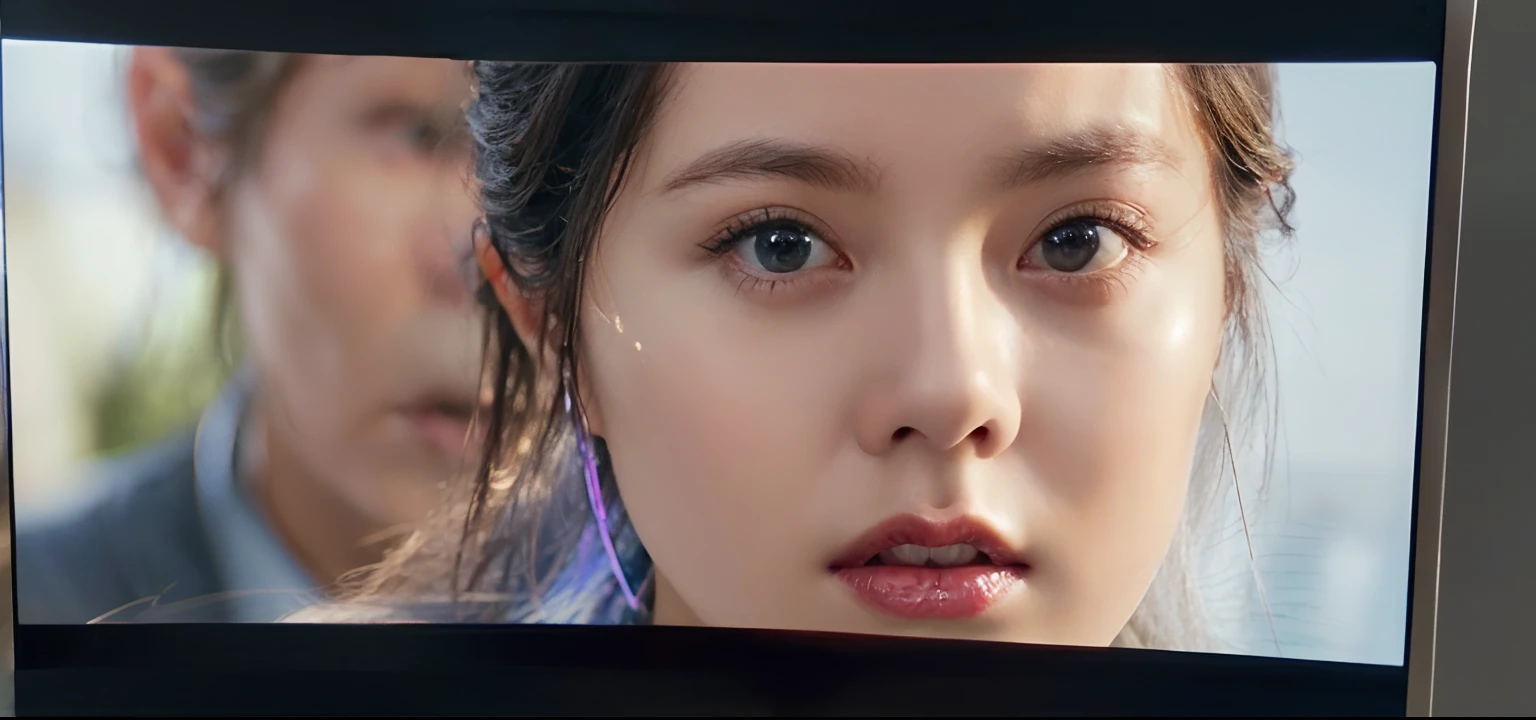 There is a woman on a mobile phone on the television screen, Close-up of movie scenes, Movie scene portrait close-up, UHD Face Details, Close-up portrait film stills, Highlight scenes from the movie, Really close-up shots, closeup on face, Close the screen, IMAX close-up of the face, Close up on face