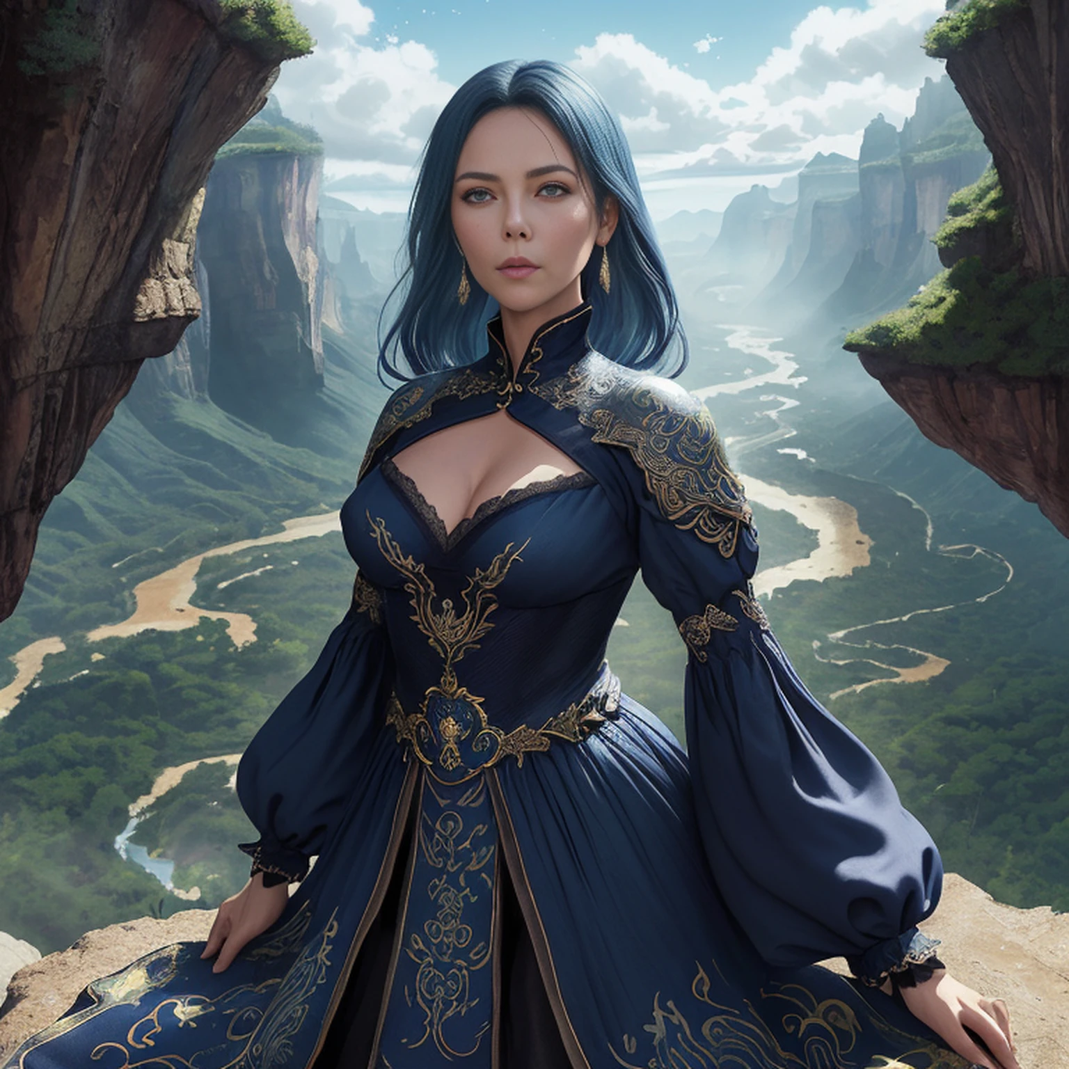 ((melhor qualidade)), ((obra-prima)), (detalhado), Empress Dragon "Charlize Theron", olhos realistas, cabelo preto, olhos azuis, seios pequenos, vestido de setin koreano sensual, paisagem maligna, ethereal beauty, (Fantasy Illustration:1.3), olhar encantador, pose cativante, garota solo, charme sobrenatural, mystical sky, noite enluarada, cores suaves, (paisagem nublada detalhada:1.3), (alta resolução:1.2) (Blue dragon flying in the sky) vestido, sobre uma colina, An army passing far into a canyon below.