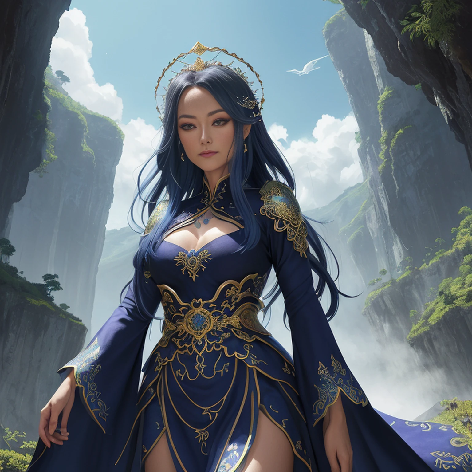 ((melhor qualidade)), ((obra-prima)), (detalhado), Empress Dragon "Olivia Wilde", olhos realistas, cabelo preto, olhos azuis, seios pequenos, vestido de setin koreano sensual, paisagem maligna, ethereal beauty, (Fantasy Illustration:1.3), olhar encantador, pose cativante, garota solo, charme sobrenatural, mystical sky, noite enluarada, cores suaves, (paisagem nublada detalhada:1.3), (alta resolução:1.2) (Blue dragon flying in the sky) vestido, sobre uma colina, An army passing far into a canyon below.