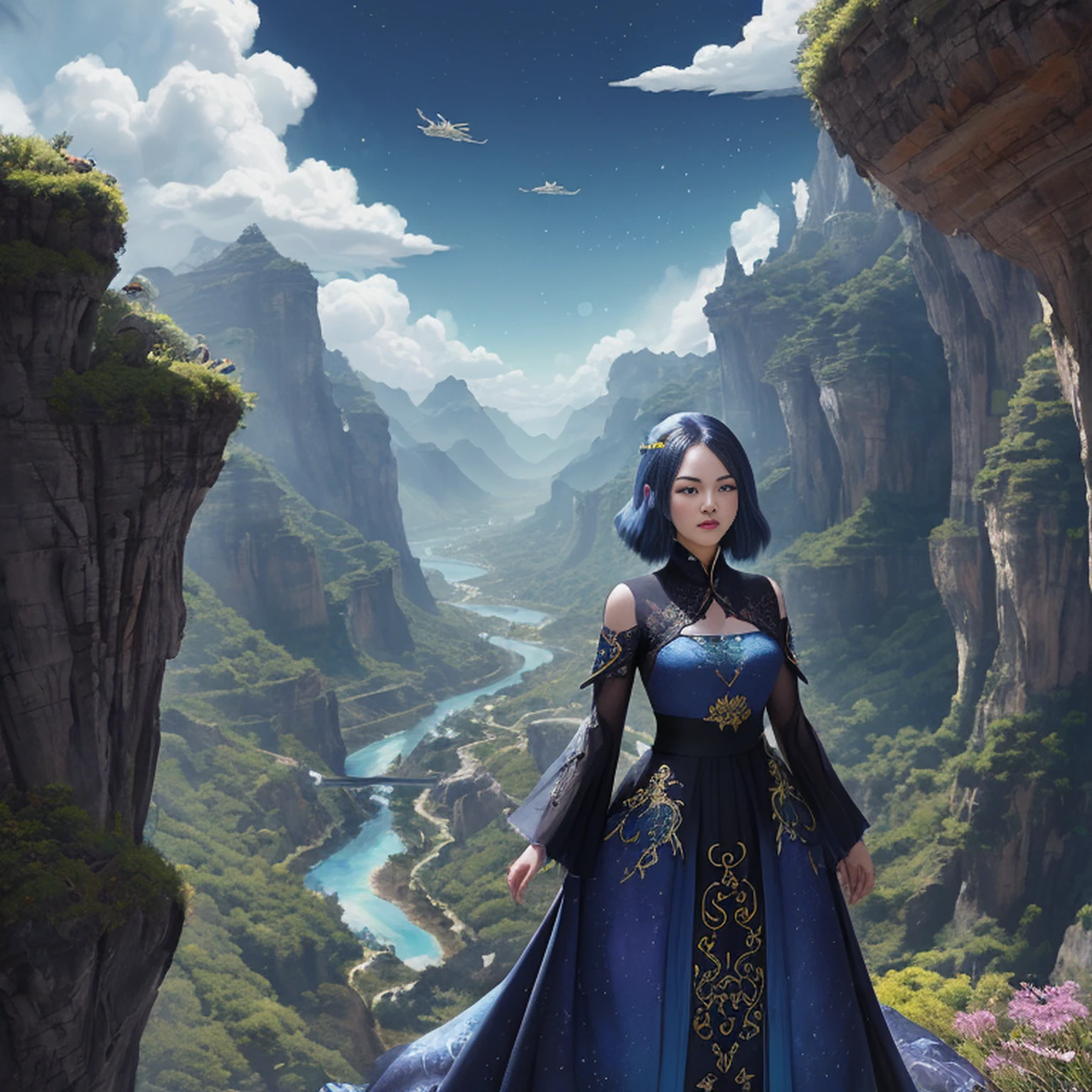 ((melhor qualidade)), ((obra-prima)), (detalhado), Empress Dragon "Olivia Wilde", olhos realistas, cabelo preto, olhos azuis, seios pequenos, vestido de setin koreano sensual, paisagem maligna, ethereal beauty, (Fantasy Illustration:1.3), olhar encantador, pose cativante, garota solo, charme sobrenatural, mystical sky, noite enluarada, cores suaves, (paisagem nublada detalhada:1.3), (alta resolução:1.2) (Blue dragon flying in the sky) vestido, sobre uma colina, An army passing far into a canyon below.
