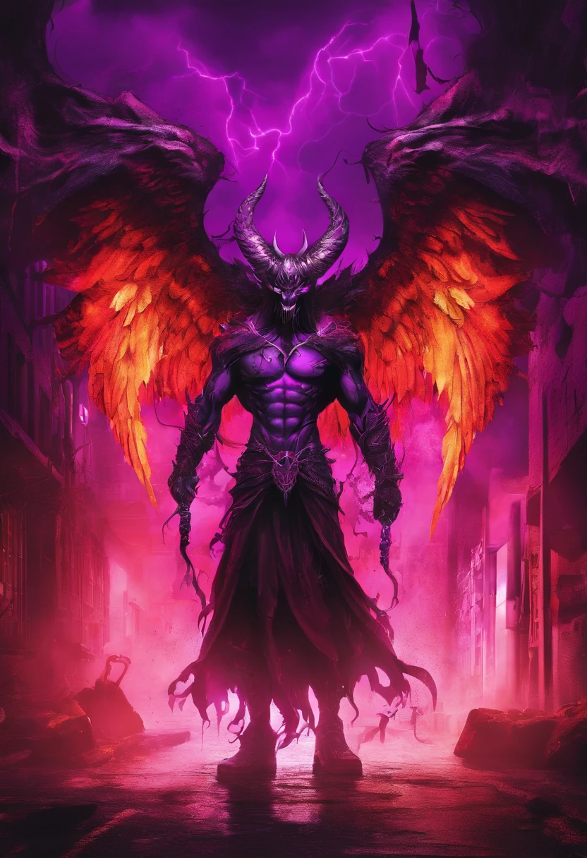 demonic creature with pitch black skin, possessing three sets of wings; a pair of angel, fallen angel and demon wings. Cartoon novel, 4K, HD