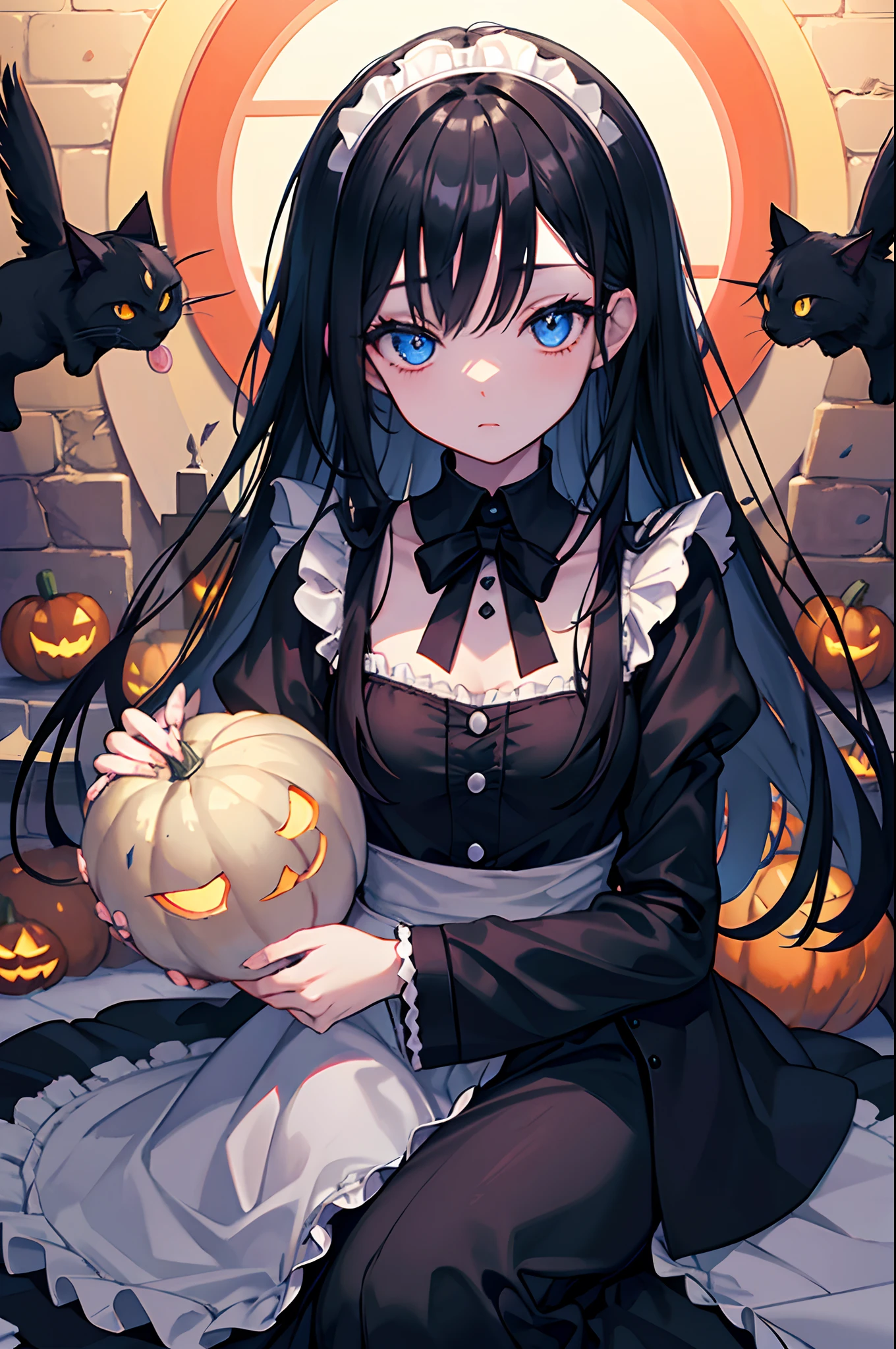 Black long hair　blue eyess　maid clothes　Holding a cat　Castles　pumpkins　Halloween　​masterpiece　Top image quality　Clear Parts Cinematic Shadows　Increased attractiveness of the eyes　Clear the shine of the eyes　Draw eyelashes neatly　Perfect Eye　A detailed eye　Sharpen image quality　Sharpen eye writing　Clear eye shape