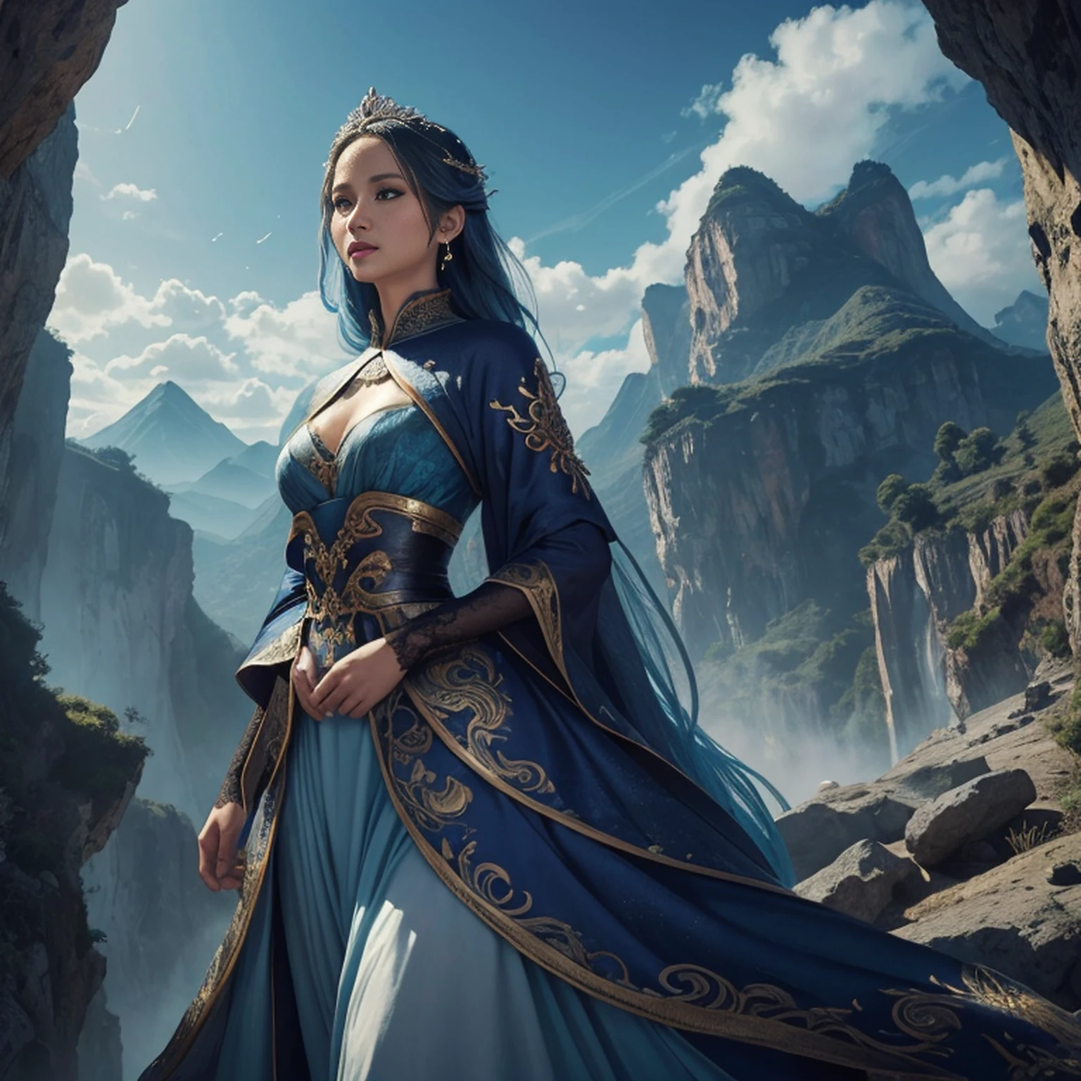 uma mulher em um vestido prateado e azul, corpo inteiro, arte de fantasia detalhada, arte de personagem impressionante, epic and exquisite character art, bela armadura da rainha, arte extremamente detalhada 8k, numa paisagem extremamente detalhada 8k, --auto