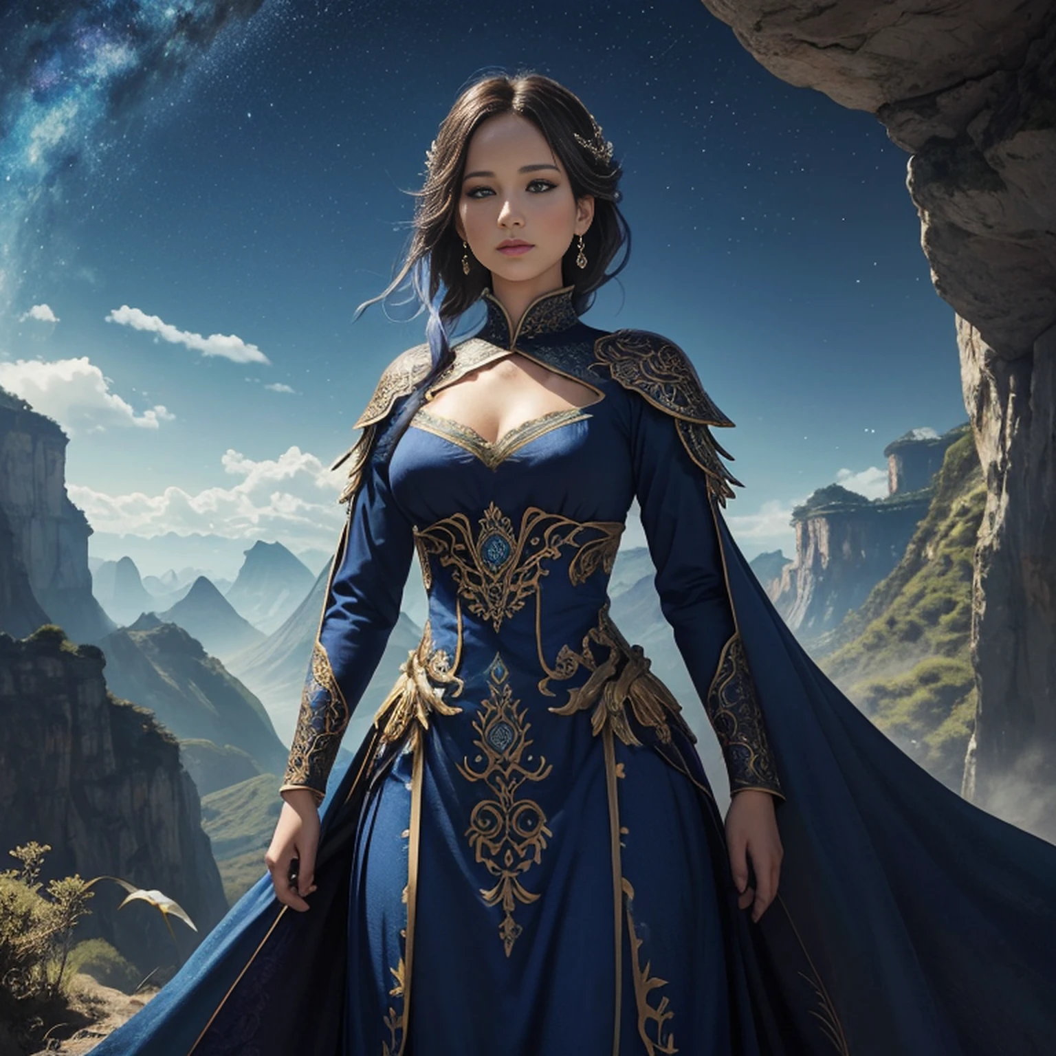 ((melhor qualidade)), ((obra-prima)), (detalhado), Empress Dragon "Jennifer Lawrence", olhos realistas, cabelo preto, olhos azuis, seios pequenos, vestido de setin koreano sensual, paisagem maligna, ethereal beauty, (Fantasy Illustration:1.3), olhar encantador, pose cativante, garota solo, charme sobrenatural, mystical sky, noite enluarada, cores suaves, (paisagem nublada detalhada:1.3), (alta resolução:1.2) (Blue dragon flying in the sky) vestido, sobre uma colina, An army passing far into a canyon below.
