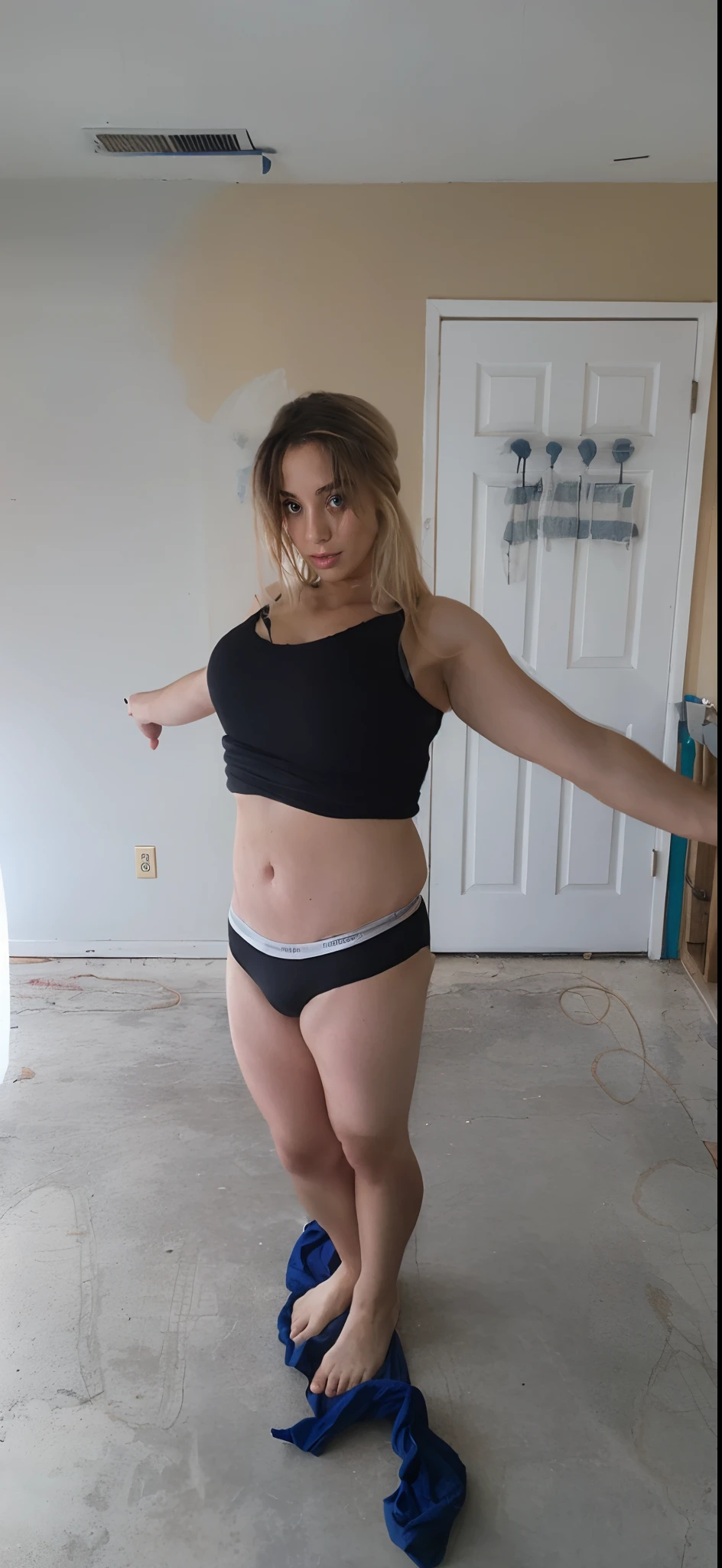 Black panties,topless,d cup breasts,long blonde hair,feminine figure