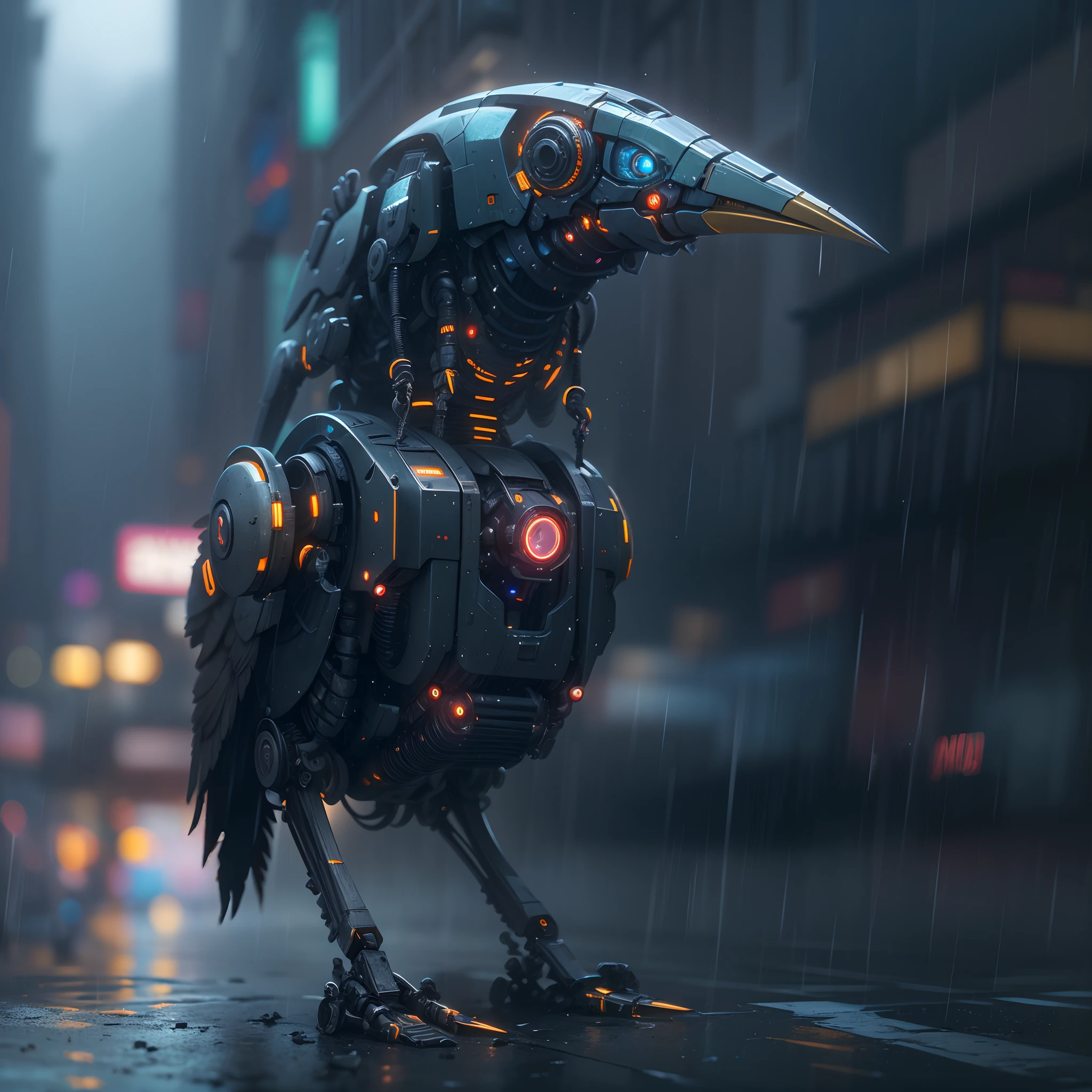 (Best quality, A high resolution, Ultra-detailed), Robot bird-headed robot, Cyberpunk, Mechanical, Futuristic, Metallic, glowing light eyes, sharp beak, Joint movements, industrial design, Rain-soaked streets, dystopian city, Towering megastructures, atmospheric fog, Cinematic, Atmospheric lighting,