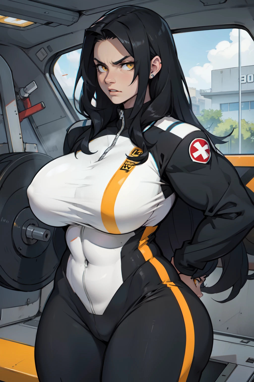 1girl bodybuilder huge tits black hair yellow eyes very long hair pale skin angry curvy pilot suit