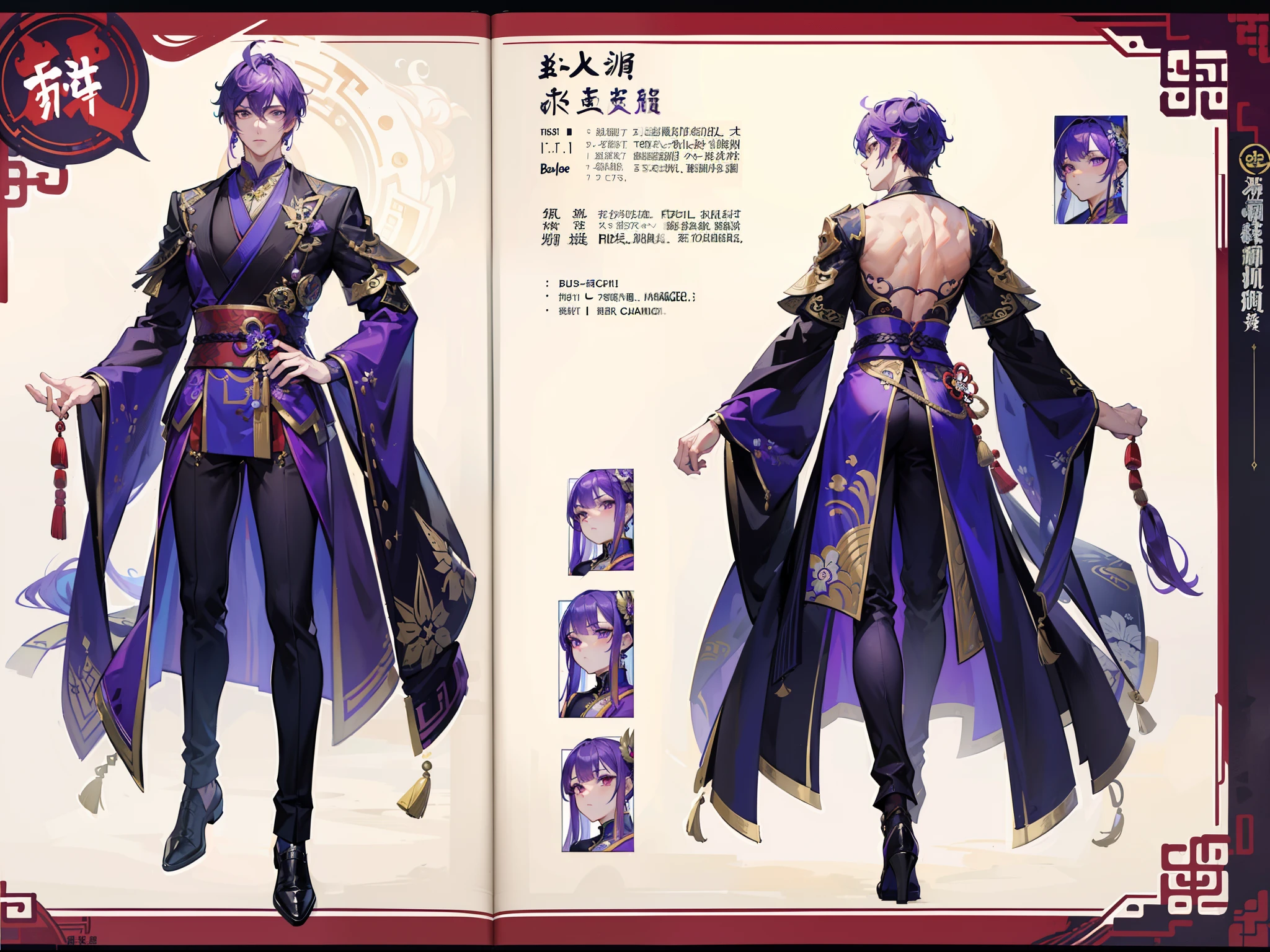((Masterpiece, Highest quality)), Detailed face, character design sheet, full bodyesbian, Full of details, frontal body view, back body view, Highly detailed, Depth, Many parts, Muscle boy with purple hair,handsome man, Traditional chinese clothes, Genshin Impact, man tall