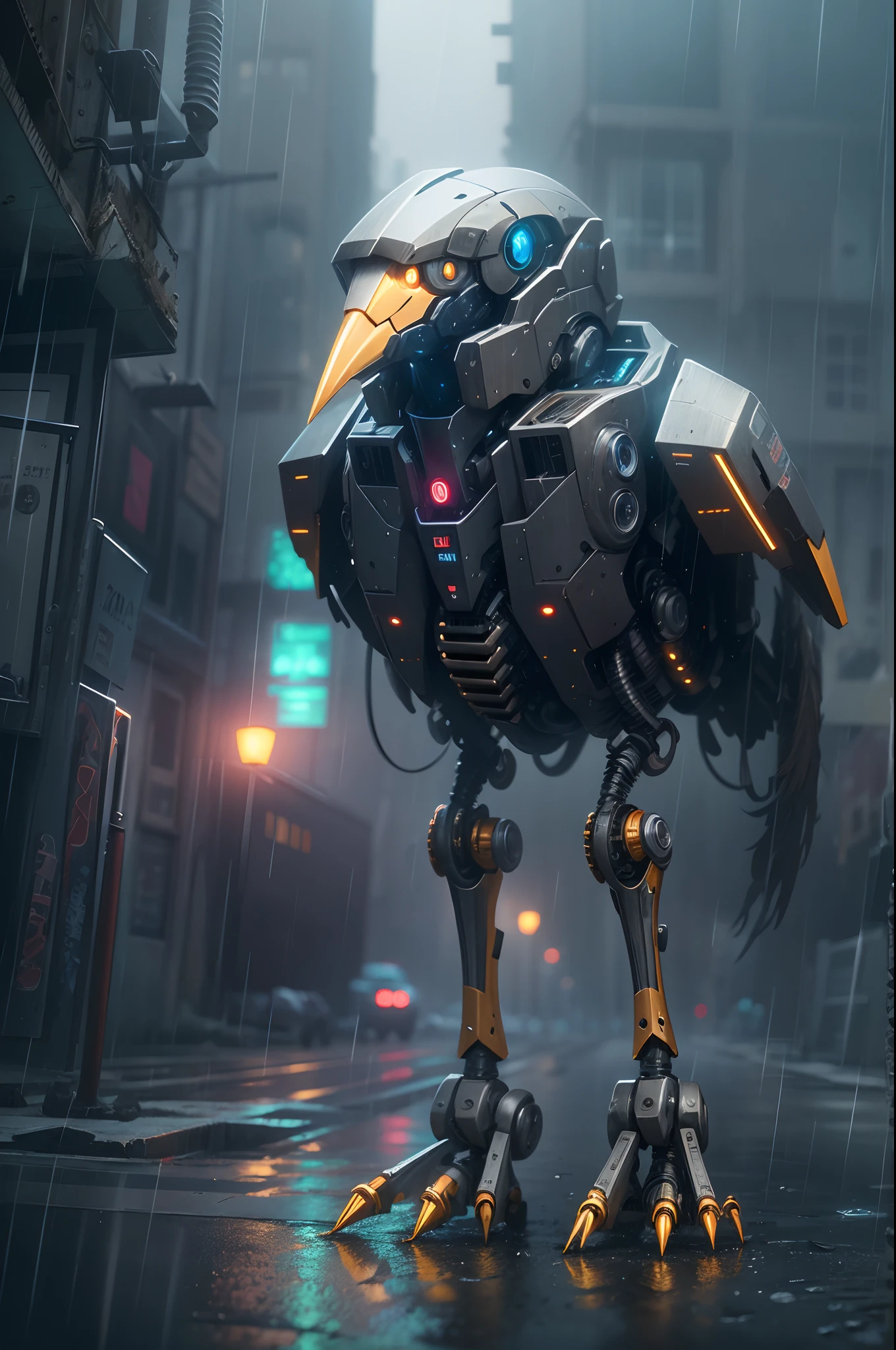 (Best quality, A high resolution, Ultra-detailed), Robot bird-headed robot, Mechanical, Futuristic, Metallic, glowing light eyes, sharp beak, Joint movements, industrial design, Rain-soaked streets, dystopian city, atmospheric fog, Cinematic, Atmospheric lighting,