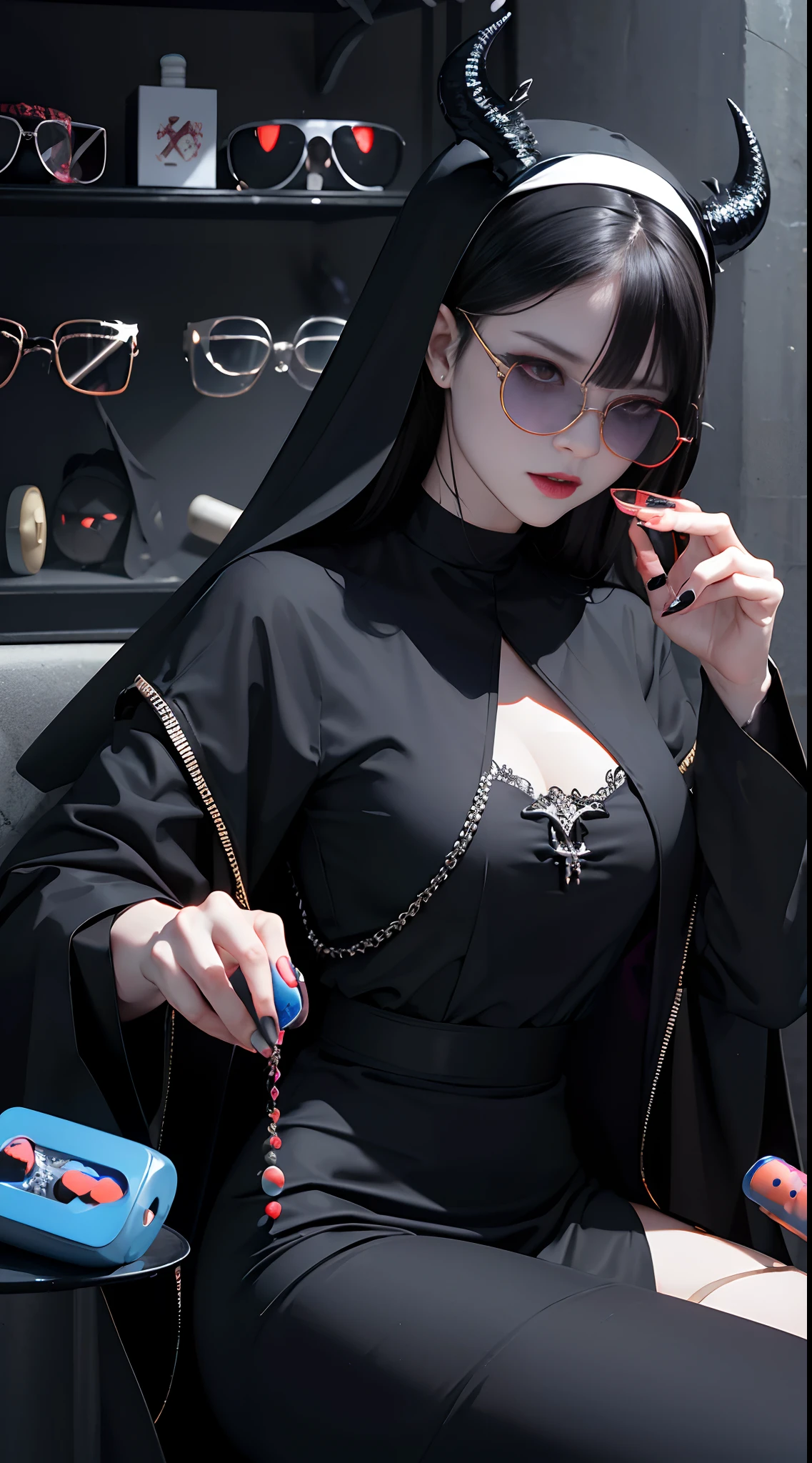 Enako: Evil Nun,y nun in dress, Two devil's horns on the head, Demon Wings, devilish, Insidious, Dark and ominous Satanist Church、((((Pill glasses)))),