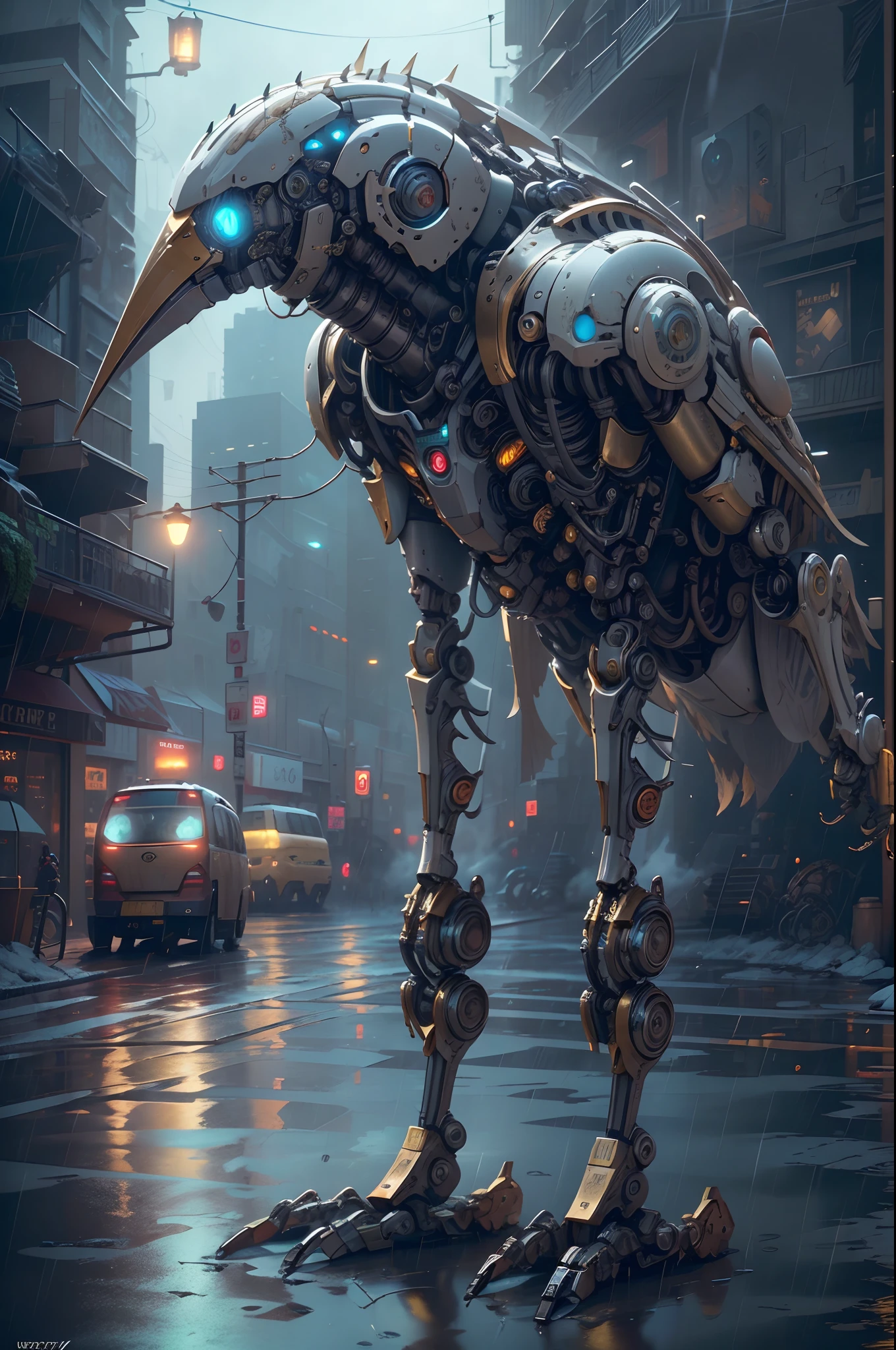 (Best quality, A high resolution, Ultra-detailed), Robot bird-headed robot, Mechanical, Futuristic, Metallic, glowing light eyes, sharp beak, Joint movements, industrial design, Rain-soaked streets, dystopian city, atmospheric fog, Cinematic, Atmospheric lighting,