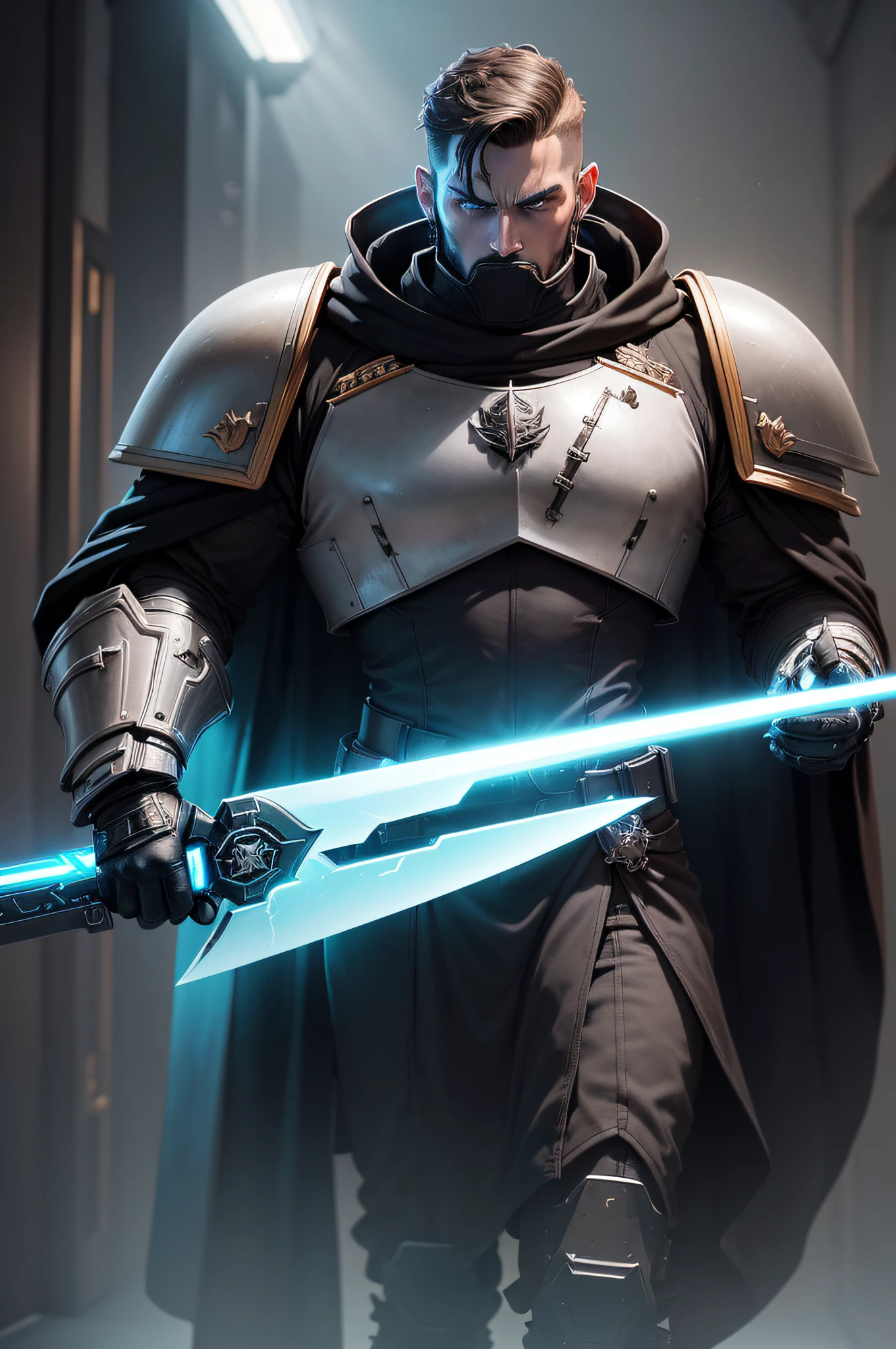 A tall, young man (about 19) with short-haired brown haired with alien colored pale white skin and ((clearly drawn glowing blue eyes.)) standing in the middle of a vast sci fi imperial room. (In one hand he holds a cyber sci fi straightsword blade, which glows blue in cracks along the edges.) The sword shines with blue magic. (In the other hand, he holds a bolter pistol) ((He wears an imperial, alien-futuristic 2300 royal military guard's uniform bulky, , immensely grey powerful inquisitor's uniform (similar to one in Warhammer 40k) with black sci-fi futuristic year 3000 armor shoulderplates, chestplates, and aguillettes colored in dark grey, with the accent color being jet black.)) On his chest, on the upper right breast, he has a golden penrose triangle badge. In addition, (he weilds a magic ability similar to that of the Warp from Warhammer 40k.) It is swirling all around him in vast amounts in an ethereal way in the background. He weilds a commisar's grey and a large blackmilitary cape around his back and shoulder armor.