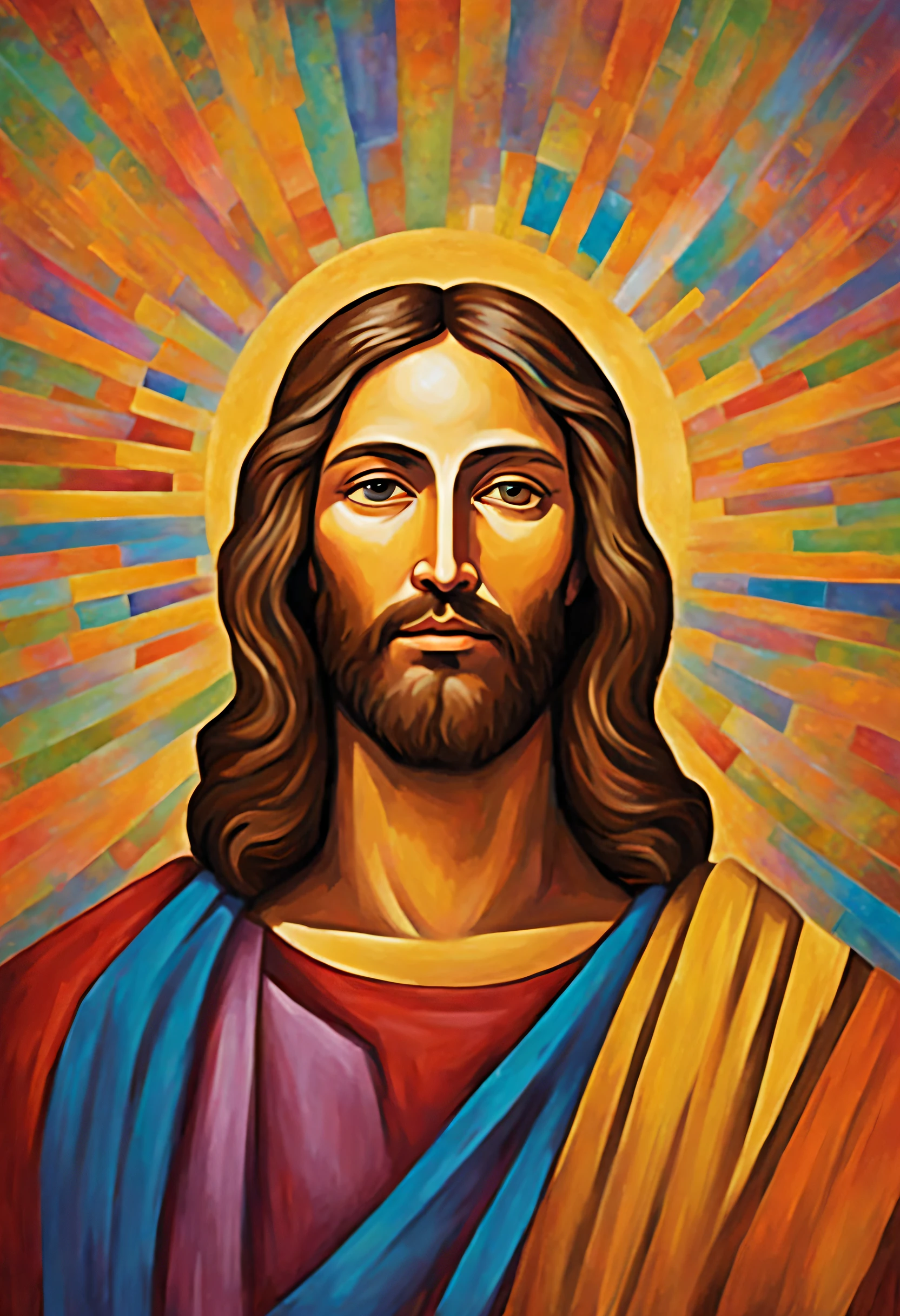 arte de cordas, Um retrato de Jesus Cristo com cabelo colorido, Joyful expression, acolhedora, on a multidimensional geometric wall background PORTRAIT, Arte Ayahuasca, a detailed painting by Tom Wänerstrand, Flickr, Arte peluda, uma pintura de jesus cristo, Jesus of Nazareth detailed, JESUS SALVADOR. Pintura digital, cheio de cores e detalhes ricos, pintura de retrato de jesus, design de jesus, cores