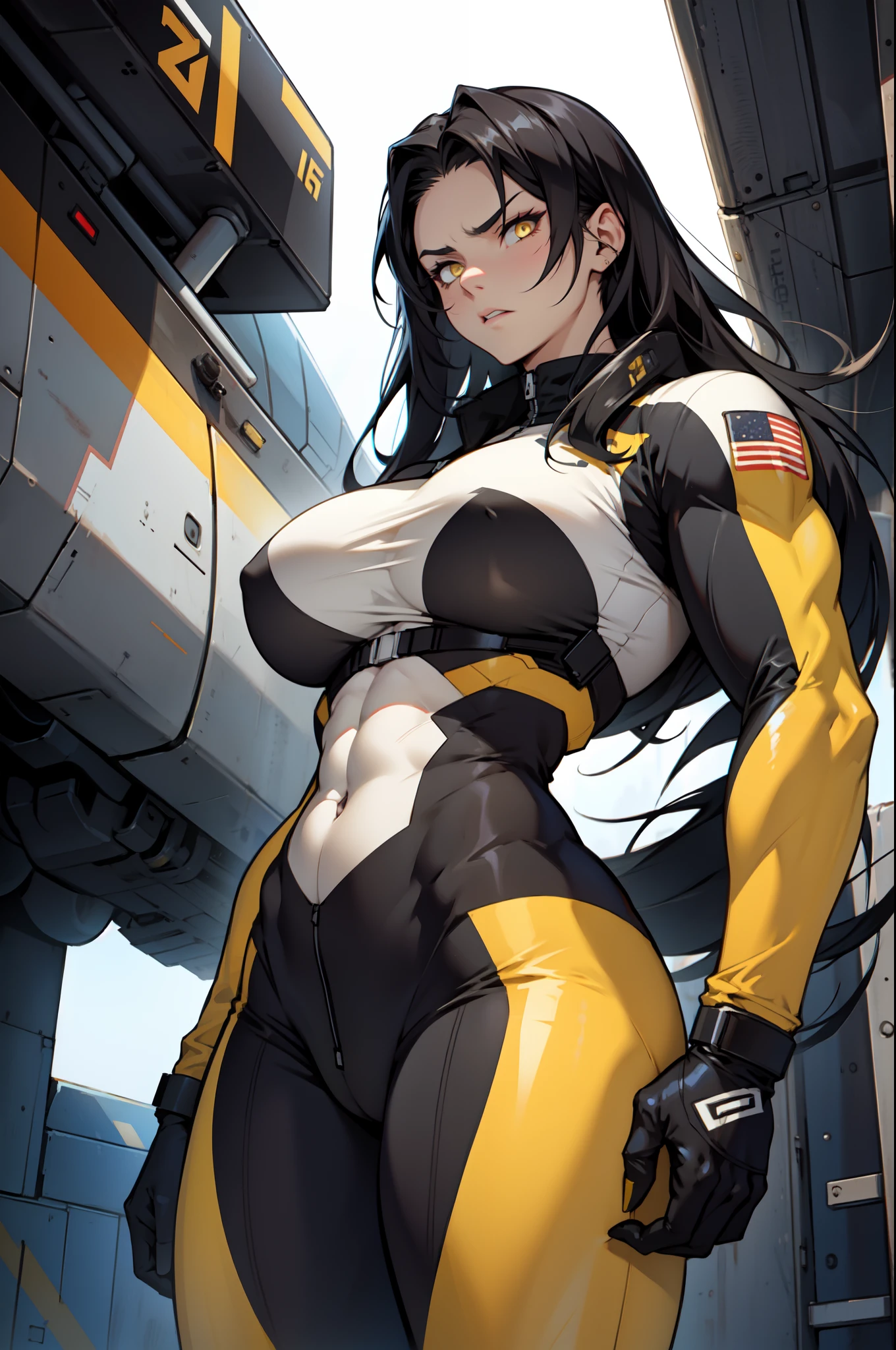 1girl bodybuilder huge tits black hair yellow eyes very long hair pale skin angry curvy pilot suit