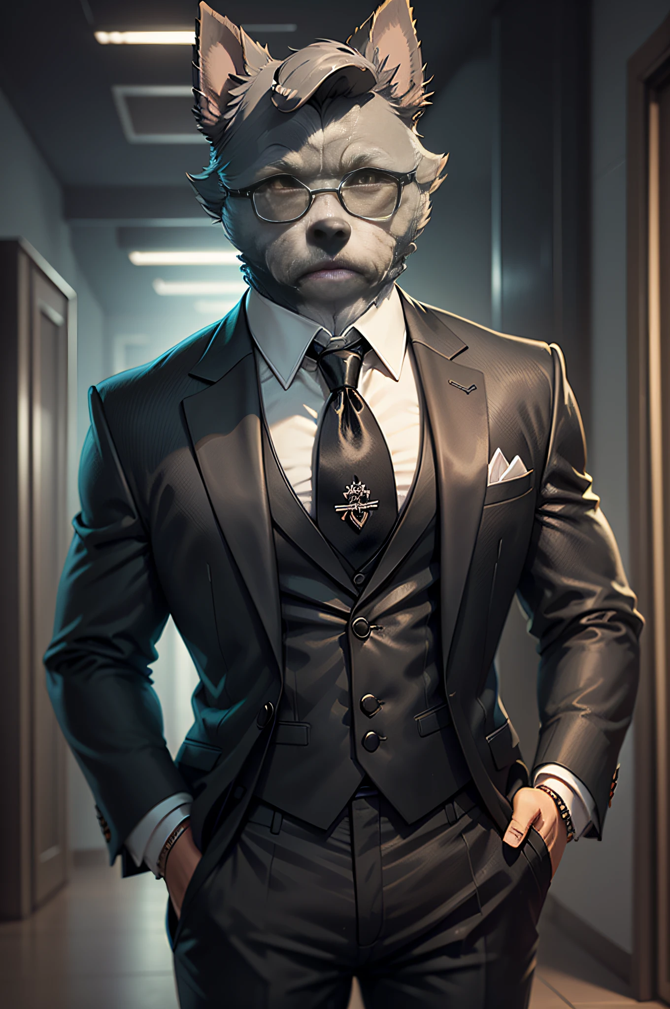 (Man in black suit and tie)Cartoon Anthropomorphic Miniature Schnauzer Dog