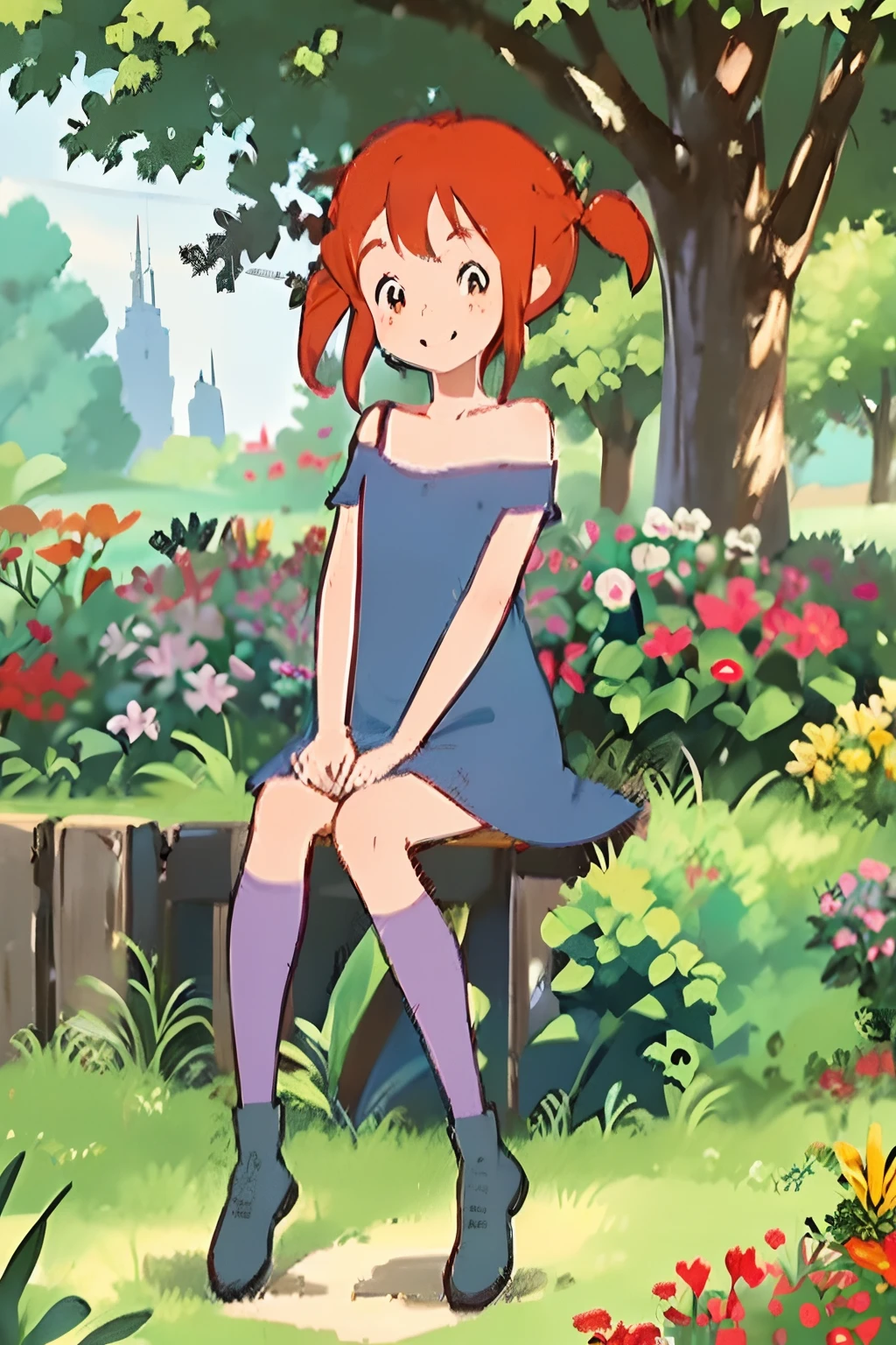 Solo,1girl,pippI,human,stand,freckles,smile blue dress with red patches, loose, off the shoulder,Stockings,red hair,long pigtails, small body, cute face, big eyes, big smile, sitting on a fence, grass field, looking at viewer