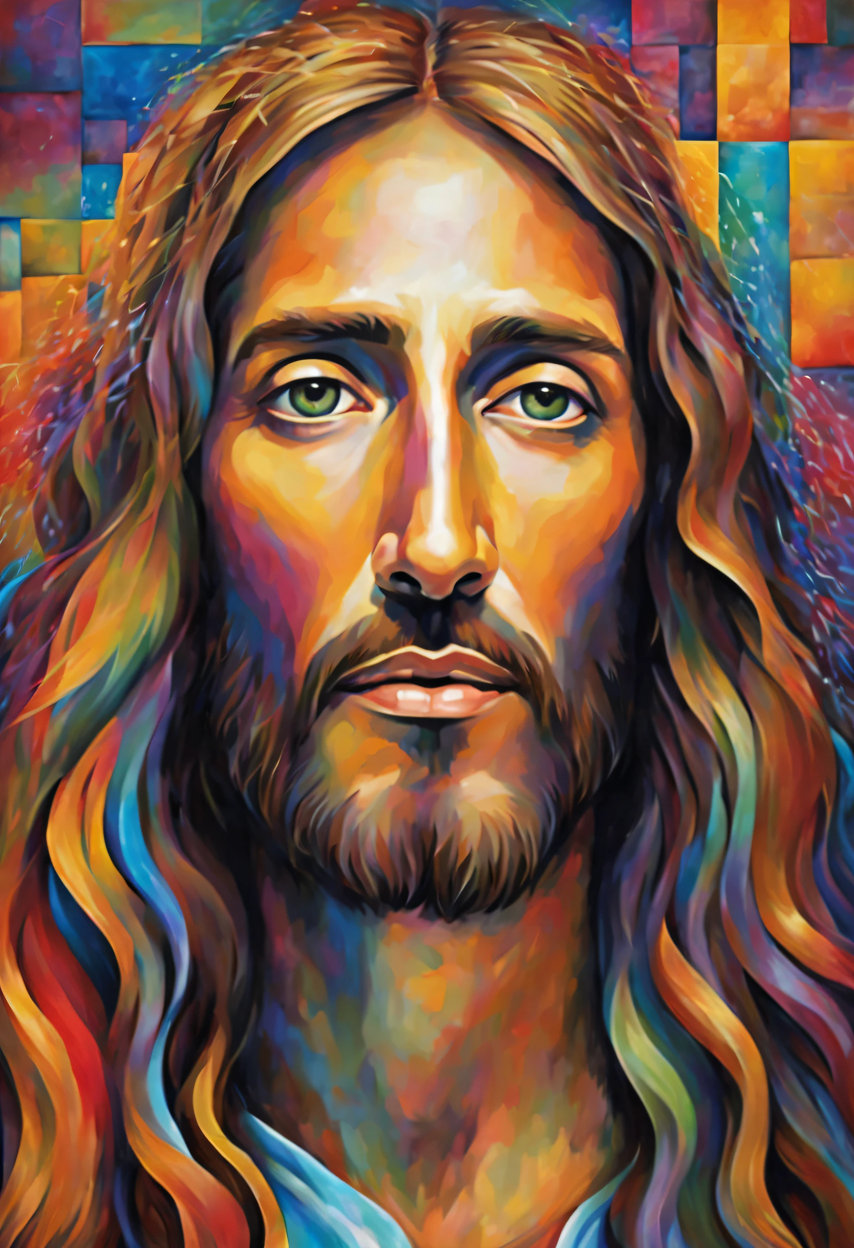 arte de cordas, A Portrait of Jesus Christ with Colored Hair on a Multidimensional Geometric Wall Background PORTRAIT, art ayahuasca, a detailed painting by Tom Wänerstrand, Flickr, Arte peluda, uma pintura de jesus cristo, Jesus of Nazareth detailed, jesus salvador. pintura digital, cheio de cores e detalhes ricos, pintura de retrato de jesus, design de jesus, cores