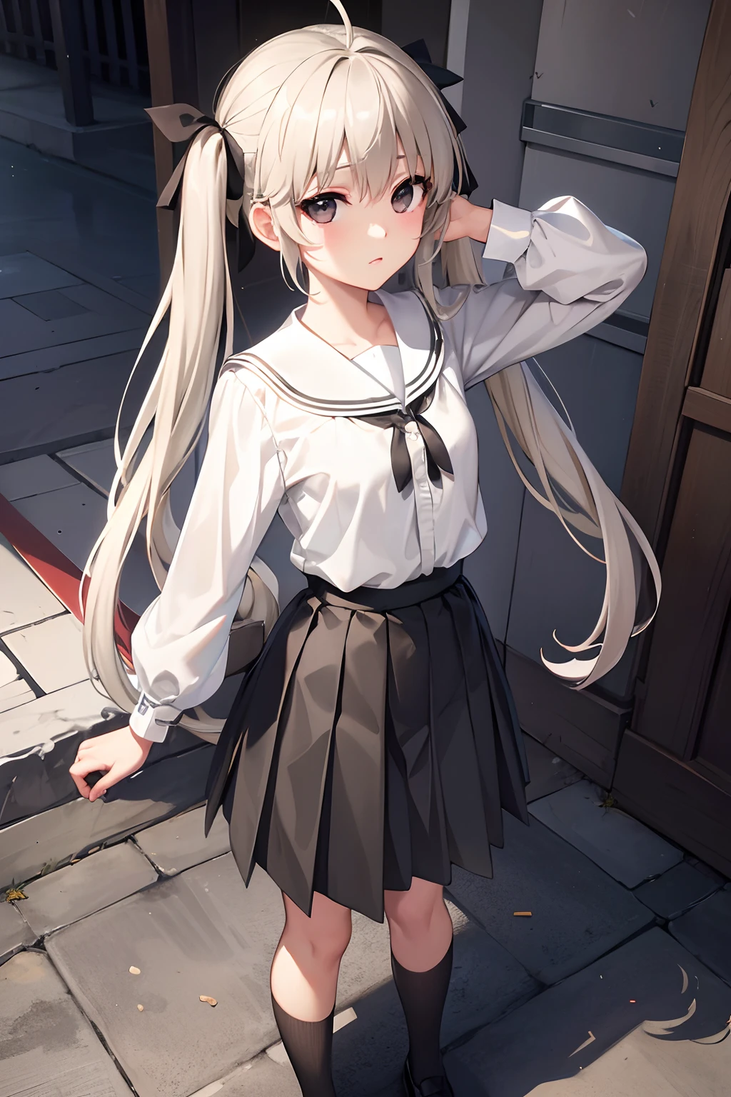 sorakasugano, sora kasugano, ahoge, (black eyes:1.5), hair between eyes, hair ribbon, long hair, twintails, black ribbon, white hair, (flat chest:1.2), BREAK black footwear, black pantyhose, grey ribbon, grey skirt, loafers, long sleeves, miniskirt, pantyhose, pleated skirt, sailor collar, school uniform, serafuku, shoes, skirt, white sailor collar, white serafuku, BREAK looking at viewer, (BREAK standing upright), (BREAK indoors), BREAK (masterpiece:1.2), best quality, high resolution, unity 8k wallpaper, (illustration:0.8), (beautiful detailed eyes:1.6), extremely detailed face, perfect lighting, extremely detailed CG, (perfect hands, perfect anatomy),(((View of her body from shin-area to above her head)))