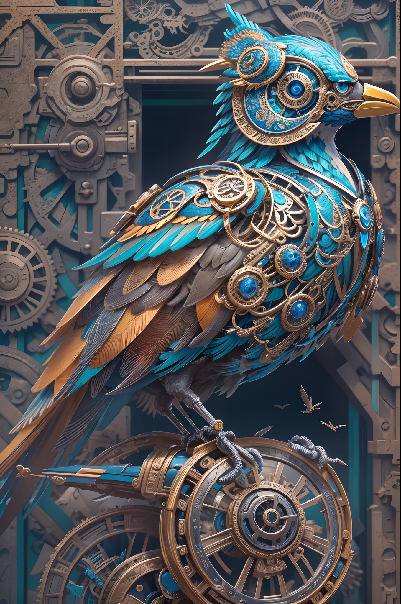 (Best quality, A high resolution, Ultra-detailed), A metal mechanical bird,Complex and intricate mechanical structure.Brilliant and vibrant colors,blue-sky,baiyun,Background with。