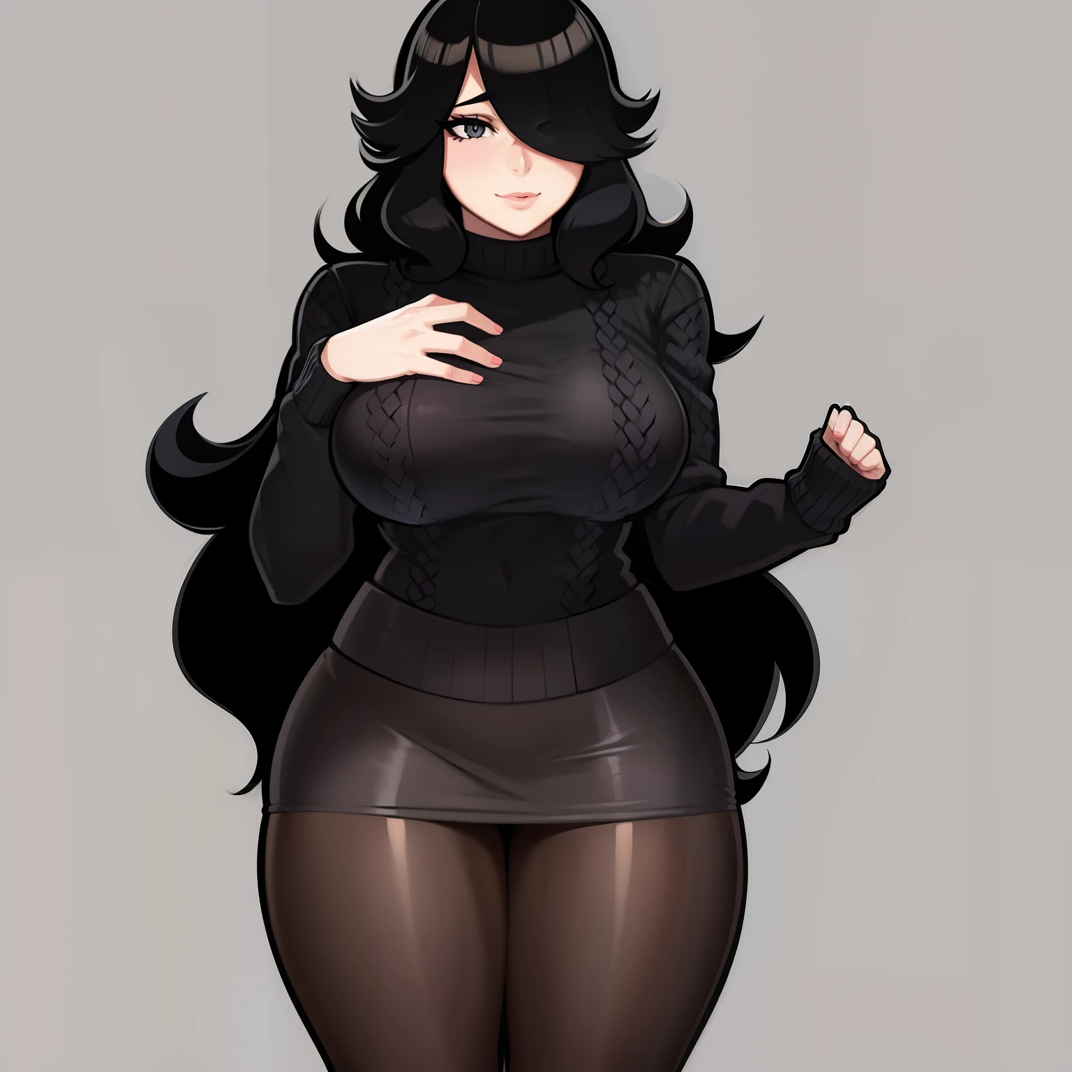 solo girl, long black hair, hair covering one eye, sweater, large chest, skirt, facing camera, stockings, shy,