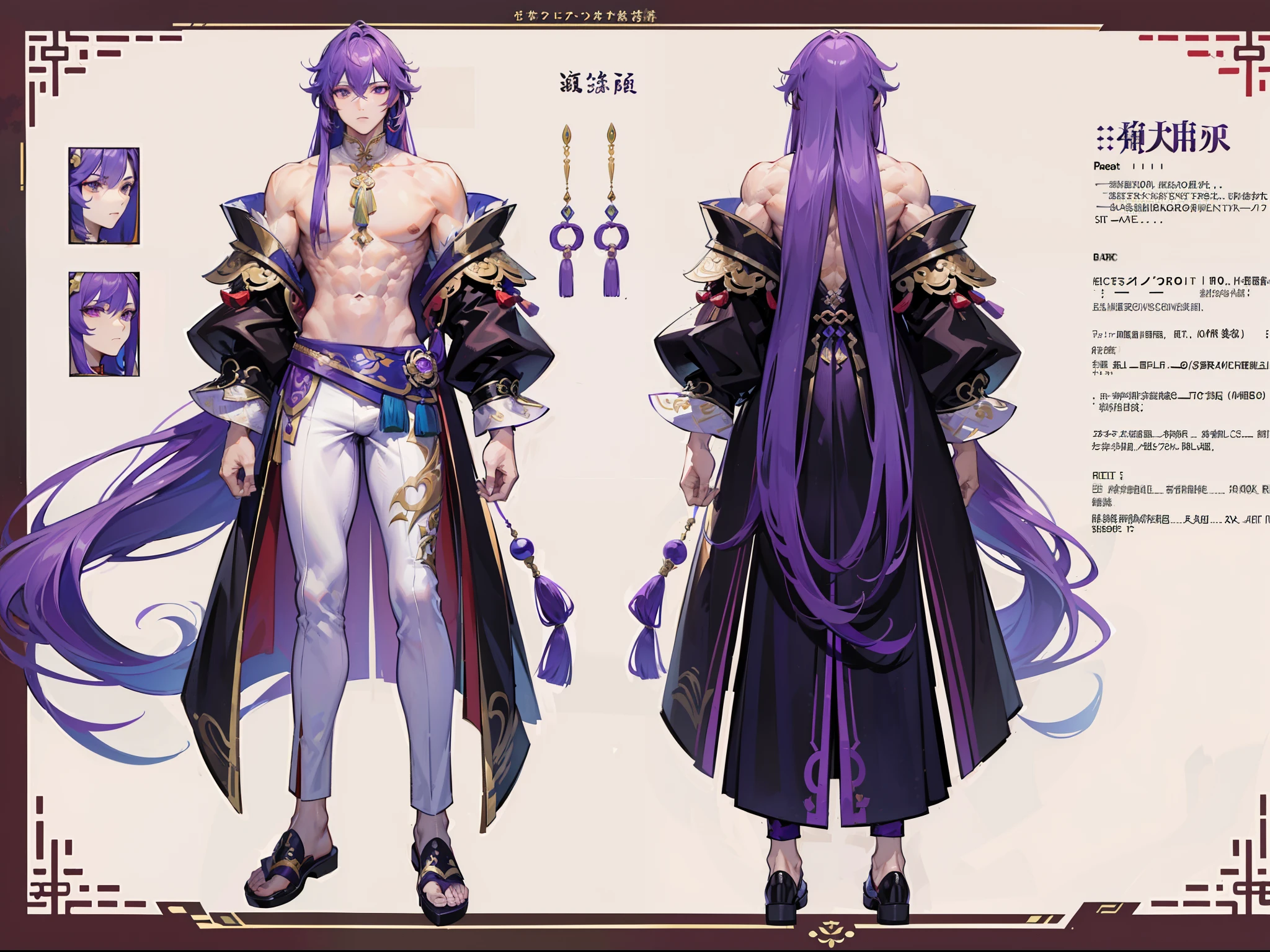 ((Masterpiece, Highest quality)), Detailed face, character design sheet,full body esbian, Full of details, frontal body view, back body view, Highly detailed, Depth, Many parts, Muscle boy with long purple hair,handsome man, Traditional chinese clothes, Genshin Impact, man tall, pectoral muscles, abs