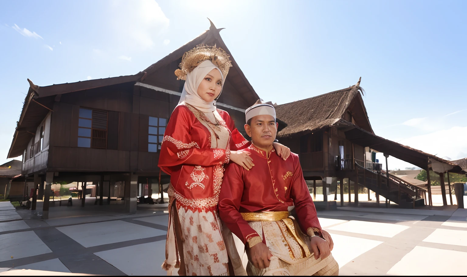 couple muslim, traditional clothes of the Bugis tribe, South Sulawesi, perfose, behind there is a traditional Bugis house, evening light,8k
