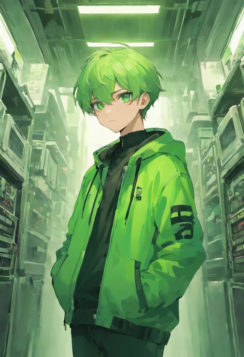 Man stands cool, He wears a green jacket, He wears black pants, He wears white sneakers, He has short green hair, He has green eyes, He wears sunglasses, He is in the computer lab, Trader's White Room, The future of white machines, Very peaceful atmosphere, Extremely detailed