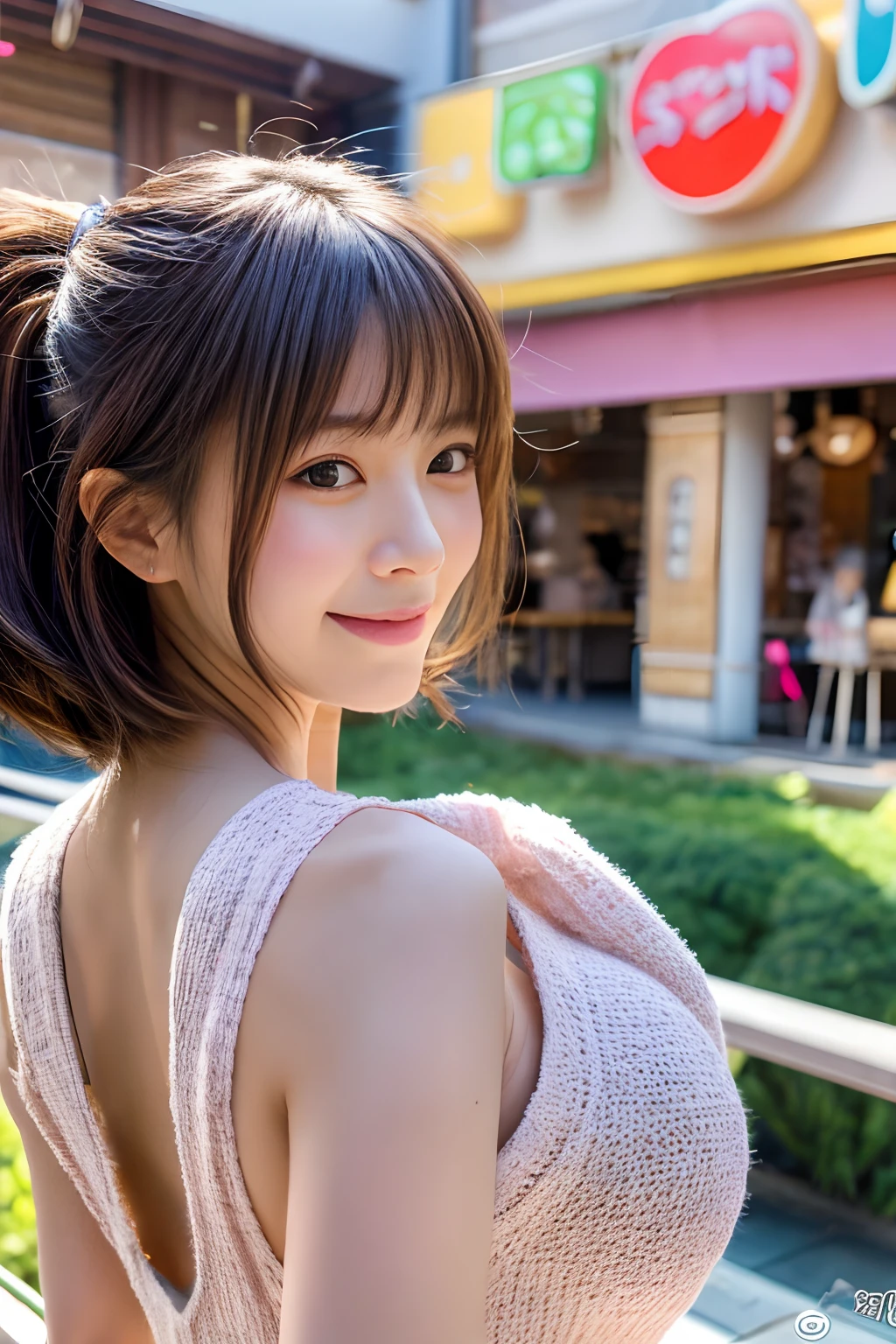 masterpiece、8K、top-quality、beautiful japanese female、detail portrayal、1 girl in、kawaii、Colossal tits、a miniskirt、 bobhair、A smile、shopping mall