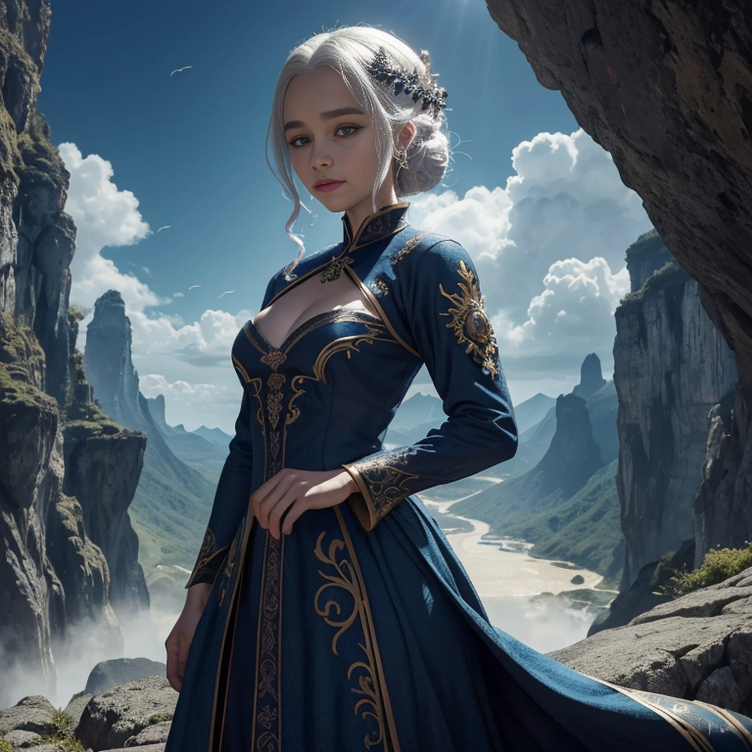 ((melhor qualidade)), ((obra-prima)), (detalhado), Empress Dragon "Emilia Clarke", olhos realistas, cabelo preto, olhos azuis, seios pequenos, vestido de setin koreano sensual, paisagem maligna, ethereal beauty, (Fantasy Illustration:1.3), olhar encantador, pose cativante, garota solo, charme sobrenatural, mystical sky, noite enluarada, cores suaves, (paisagem nublada detalhada:1.3), (alta resolução:1.2) (Blue dragon flying in the sky) vestido, sobre uma colina, An army passing far into a canyon below.