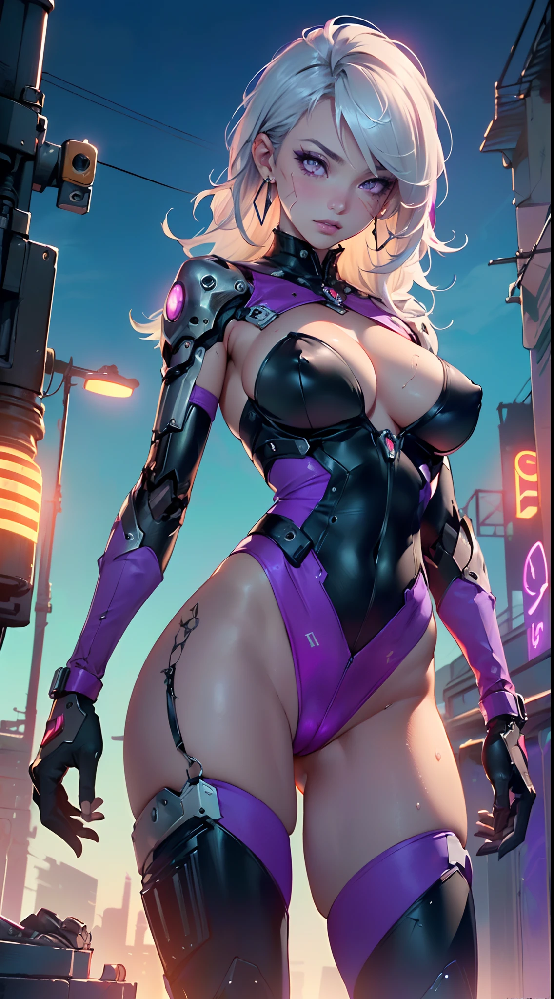 girl robot,(Invisible face,silver female robot,metallic shining body,heroic, (detailed eyes),lustrous lips,(Glossy hair),beautiful hair,(shiny skin),dyed cheeks, thin waist legs,thighs,(shine),((mechanical arms,mechanical legs,mechanical breasts)),warframe,liquid metal girl,(((purple_eyes:1.3))),eyes without pupils,symmetrical eyes,big eyes:1.5,details eyes,(spider lower abdomen,narrow waist,wide hip,imbo body,inflated legs,detailed body,(detailed face)),Wild Spike purple Saiyan,(large breasts:1.4),

cute,slutty,seductive,erotic,(((nsfw))),

(scars in both eyes:1.3, scars in the skin:1.3),shiny clothes,((thigh high cut:1.5, bare thighs:1)),((huge mechanical ring in the neck)),((mechanic thong:1.5),((huge earrings with LED lights:1.2)),((machine-made joints: 1.4)), ((mechanical limbs:1.2)),((mechanical parts:1.4)),(mechanization:1.2, future),(wires and cables attached to the head and body: 1.5),(show skin:1.3)
((wet clothes,intricate outfit,intricate clothes)),

(dynamic pose:1.0),solo focus,embarrassed,(centered,scale to fit dimensions,Rule of thirds),

cyberpunk city by the ocean at night, with bright neon signs and dark stormy clouds and puddles, scenery:1.25,

artistic photography,(photography taken by sldr),highres, sharp focus, (ultra detailed, extremely detailed), (photorealistic artwork:1.37),(extremely detailed CG unity 8k wallpaper),((synthwave background theme)),(((vibrant colors))),(intricate background),(masterpiece),(best quality),