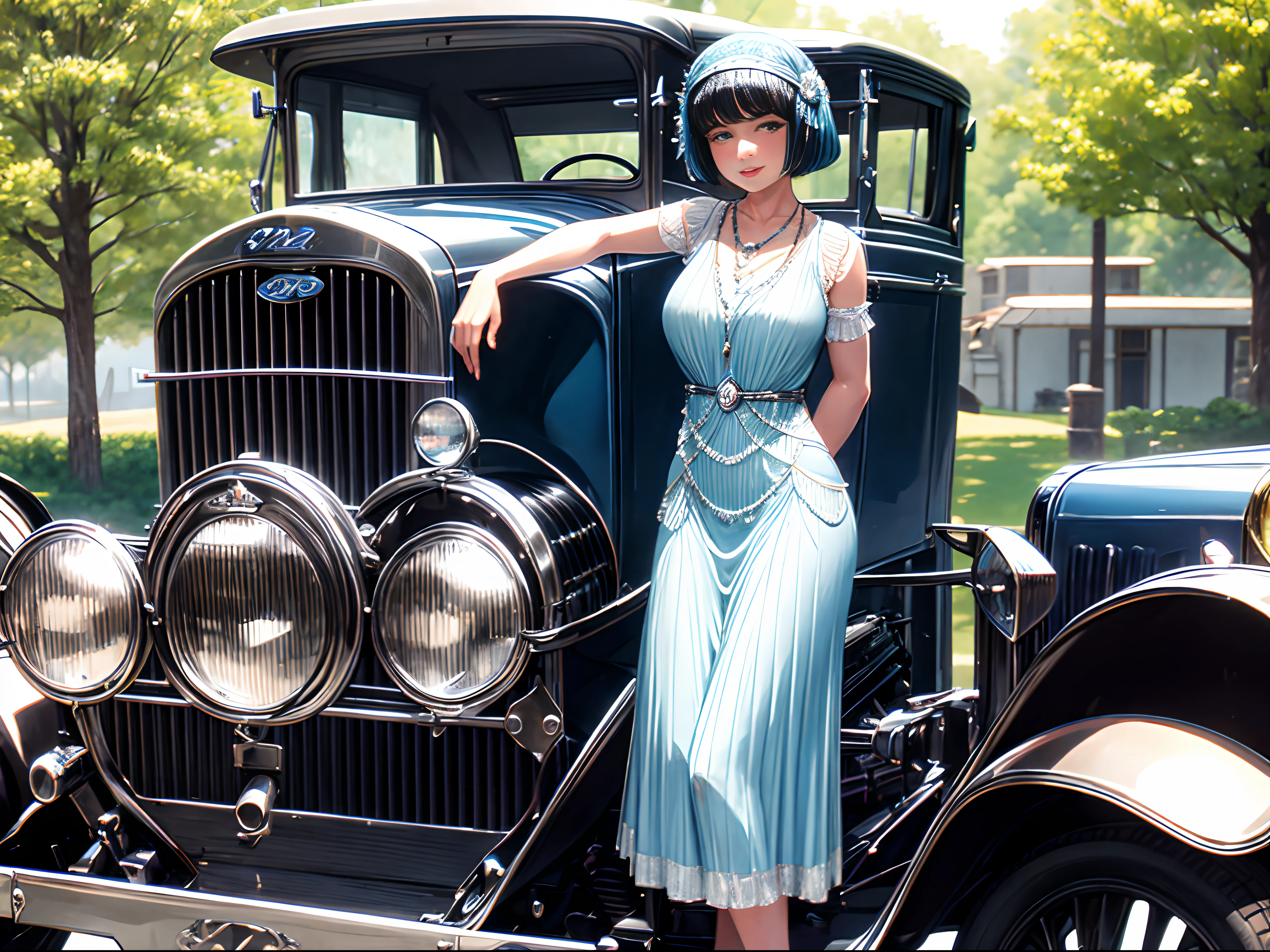 A 1920s flapper girl with large breast standing next to a 1920's Ford 4 door v8 car