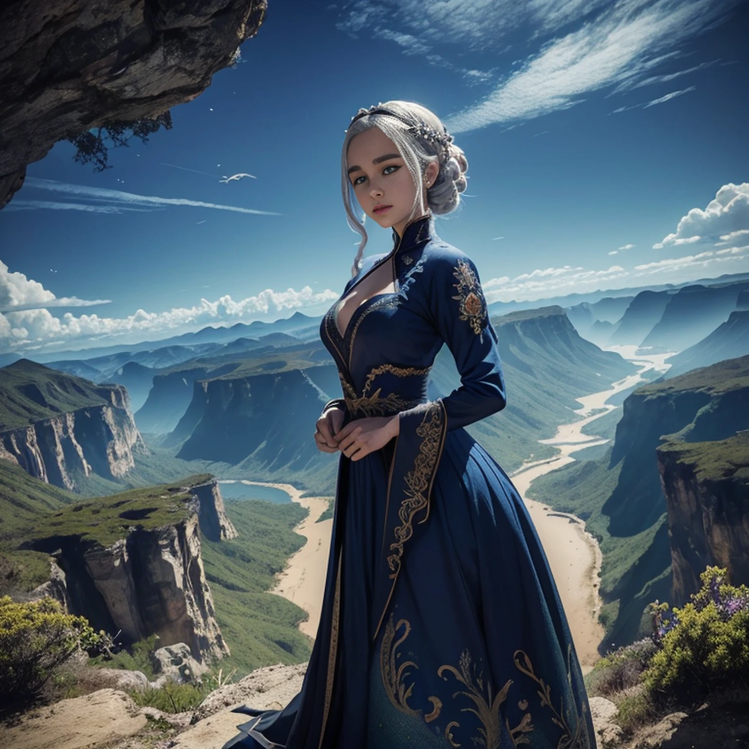 ((melhor qualidade)), ((obra-prima)), (detalhado), Empress Dragon "Emilia Clarke", olhos realistas, cabelo preto, olhos azuis, seios pequenos, vestido de setin koreano sensual, paisagem maligna, ethereal beauty, (Fantasy Illustration:1.3), olhar encantador, pose cativante, garota solo, charme sobrenatural, mystical sky, noite enluarada, cores suaves, (paisagem nublada detalhada:1.3), (alta resolução:1.2) (Blue dragon flying in the sky) vestido, sobre uma colina, An army passing far into a canyon below.
