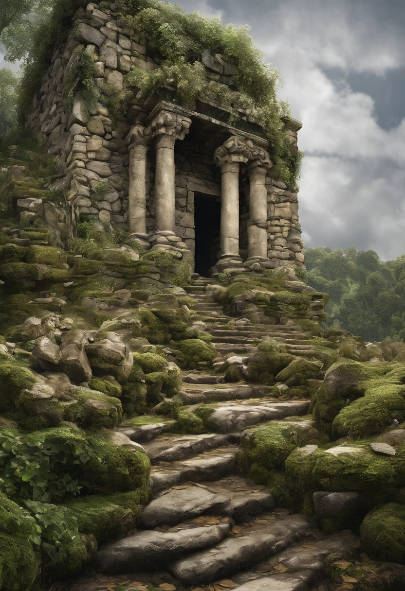 (Numerous award-winning masterpieces, With incredible detail, textures and maximum detail), (hyper realistic:1.4), (Vista de cima), (Long-distance vision),(Ver cidade em ruinas), (ver cidade inteira), (Realistic:1.3), (melhor qualidade de pele textura real), (transparente:1.4), (Ruined stone ruins of medieval Europe), (stone ruins in ruins covered with moss and ivy), (Ruined Stone Temple Ruins Returning to Nature),(Homem andando), (Ruined stone ruins eroded by a clear stream), (Tree roots crawling along a crumbling stone wall), (fluxo claro com fluxo lento), submerso, belas plantas, (Esqueletos dispersos: 0.8)