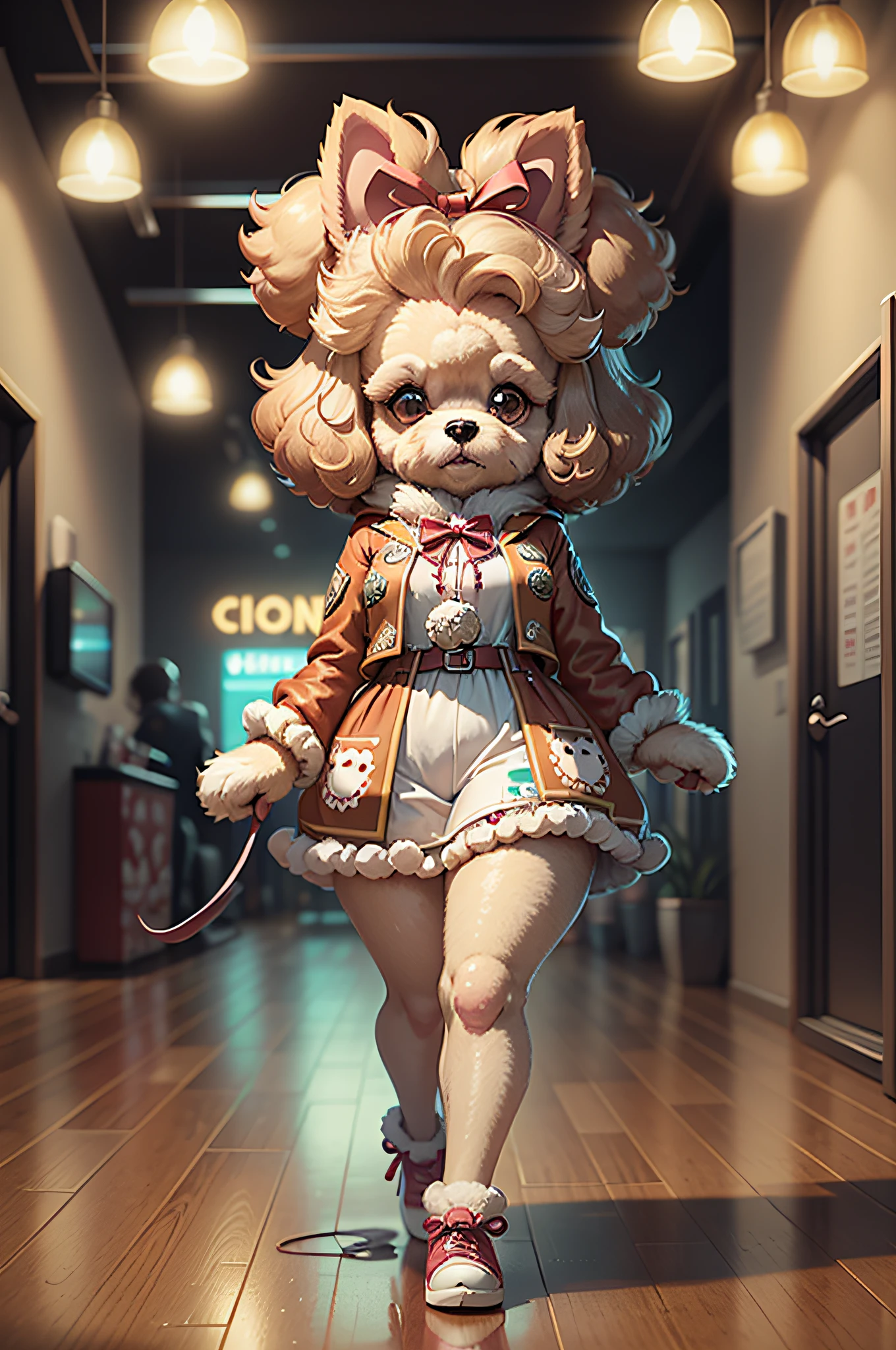 (Woman in party dress)Cartoon Anthropomorphic Toy Poodle Dog、The background is the party venue