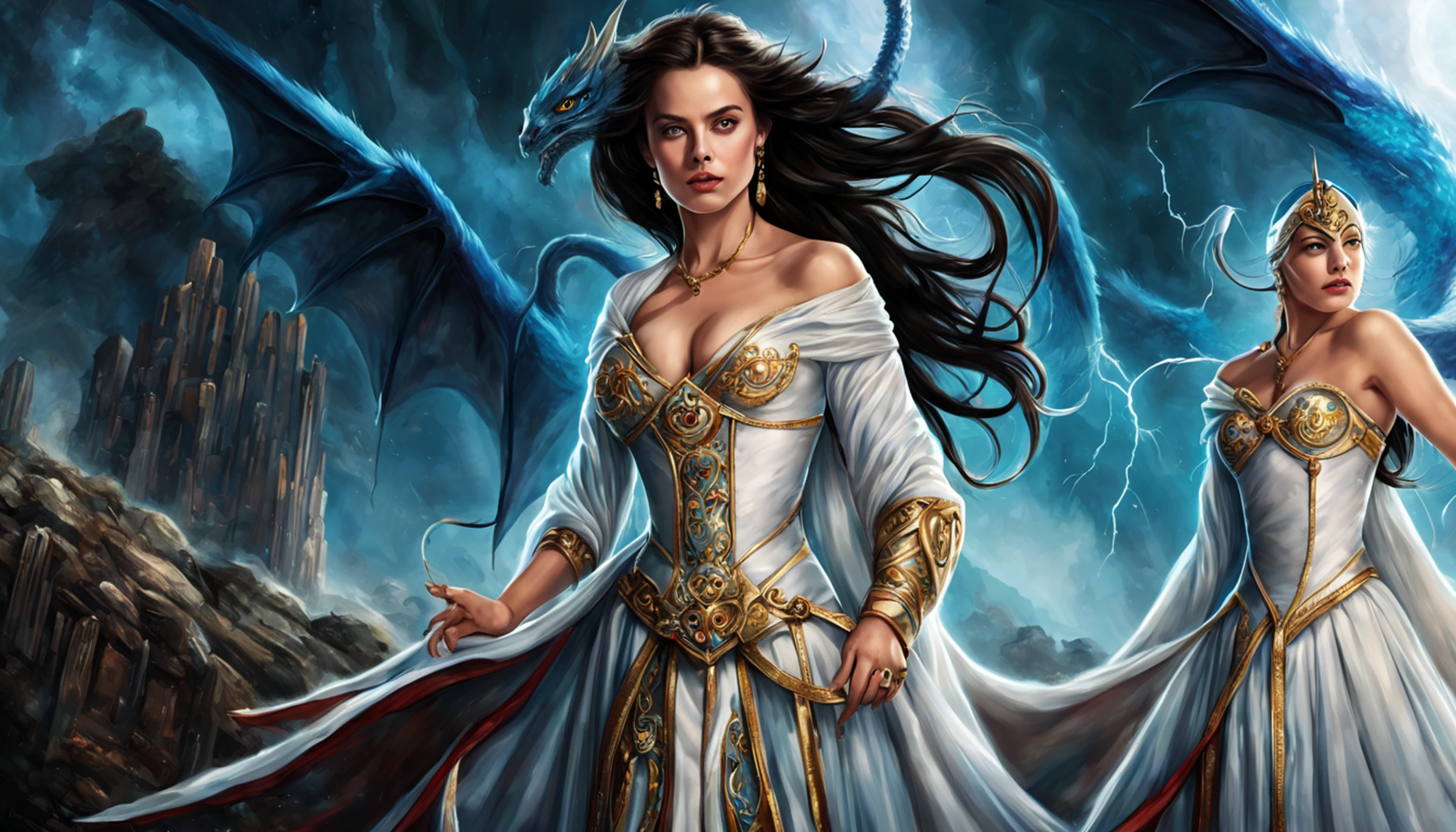 ((melhor qualidade)), ((obra-prima)), (detalhado), Empress Dragon "Margot Robbie", olhos realistas, cabelo preto, olhos azuis, seios pequenos, vestido de setin koreano sensual, paisagem maligna, ethereal beauty, (Fantasy Illustration:1.3), olhar encantador, pose cativante, garota solo, charme sobrenatural, mystical sky, noite enluarada, cores suaves, (paisagem nublada detalhada:1.3), (alta resolução:1.2) (Blue dragon flying in the sky) vestido, sobre uma colina, An army passing far into a canyon below.