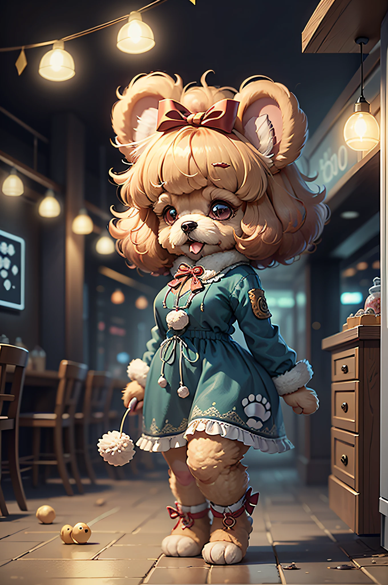(Woman in party dress)Cartoon Anthropomorphic Toy Poodle Dog、The background is the party venue