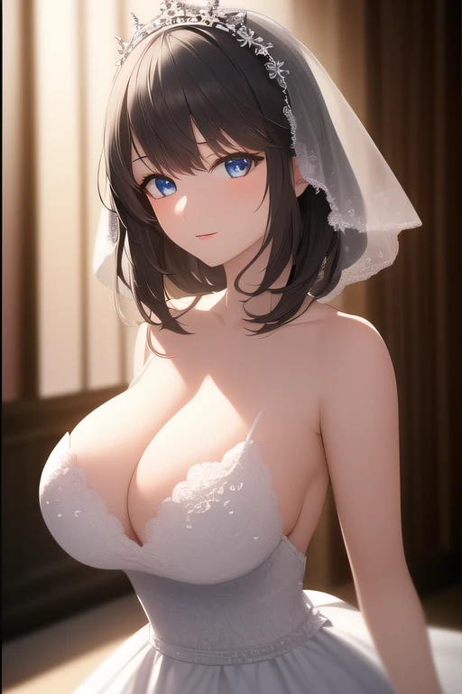 {{masterpiece, best quality, extremely detailed CG, unity 8k wallpaper, anatomically correct, ultra resolution}}, Award-winning photography, (best illumination, Very Delicate and Beautiful), 1girl, solo, full body, cute and playful, wedding dress, silver hair, ripping breasts, fluffy hairstyle, elastic breasts, light background, ((Huge breasts)), (extremely beautiful and detailed eyes:1.2), (extremely beautiful and detailed face:1.2), looking at viewer, smooth skin, perfect hand, perfect finger, detailed background, (depth of field:1.2), ray tracing, cinematic lighting, intense shadow, volumetric lighting, light reflection, god ray, (shiny:1.2), {perfect human body structure with maximum precision}