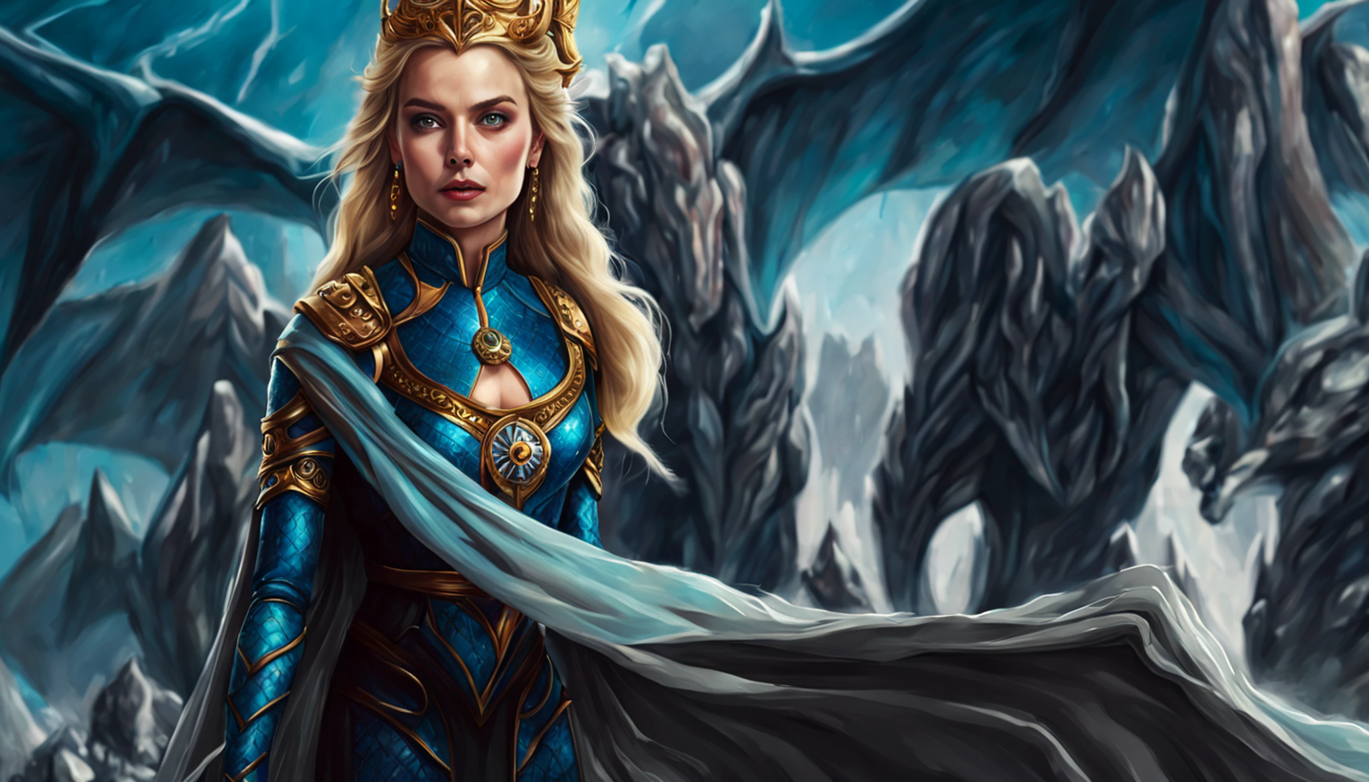 ((melhor qualidade)), ((obra-prima)), (detalhado), Empress Dragon "Margot Robbie", olhos realistas, cabelo preto, olhos azuis, seios pequenos, vestido de setin koreano sensual, paisagem maligna, ethereal beauty, (Fantasy Illustration:1.3), olhar encantador, pose cativante, garota solo, charme sobrenatural, mystical sky, noite enluarada, cores suaves, (paisagem nublada detalhada:1.3), (alta resolução:1.2) (Blue dragon flying in the sky) vestido, sobre uma colina, An army passing far into a canyon below.