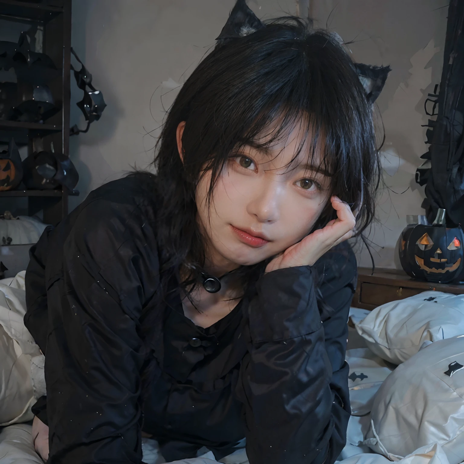 8K、(((Halloween atmosphere)))、undergarment、(Being on all fours)、(((Black hair color))) 、undersized head、Best Quality, 超A high resolution, (Realism: 1.4), Realistic Photos, (True skin texture: 1.3), Beautiful eyes and face details, masutepiece, Best Quality, Full body、bob cuts、18year old、(((Black cat ears)))