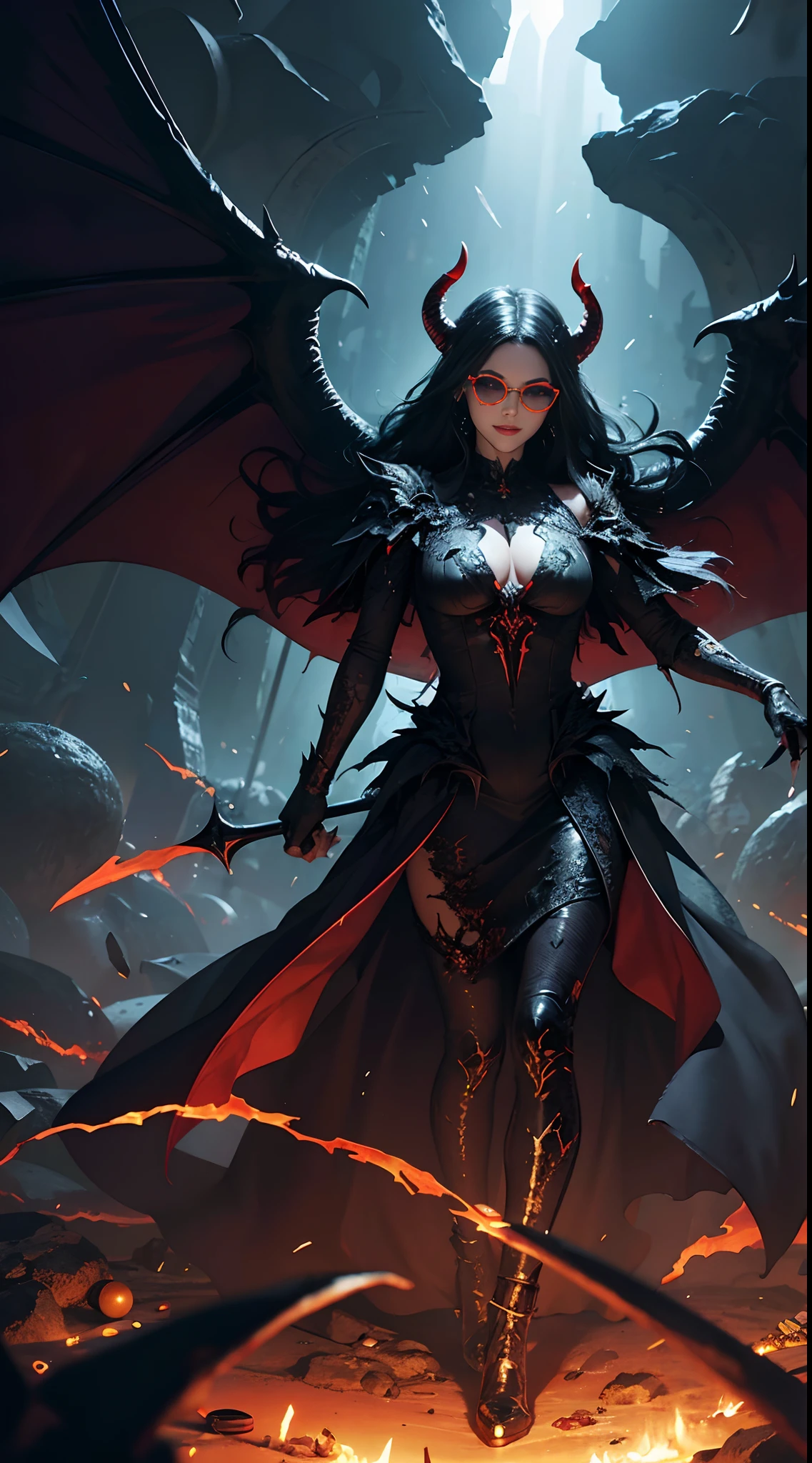 Enako：Satan of Tron in Hell, Realistic detailed eyes, Diabolical,(((Pill glasses))), Black and red dress, Demon Wings, Demon horn, Context of the chaos of hell and destruction, Evil Queen, looking straight at camera, With a contemptuous smile on his face, long black claws, Shaded illustration of high quality cells in hell, full body Esbian, Dynamic installation, perfect anatomia, Centered, liberta, souls, Approach to perfection, cellshading, 8K , With a cinematic and dramatic atmosphere, watercolor paiting, globalillumination, detailed and intricate environment, art  stations, conceptual art, smooth sharp focus, volume illumination, Lighting Cinematic