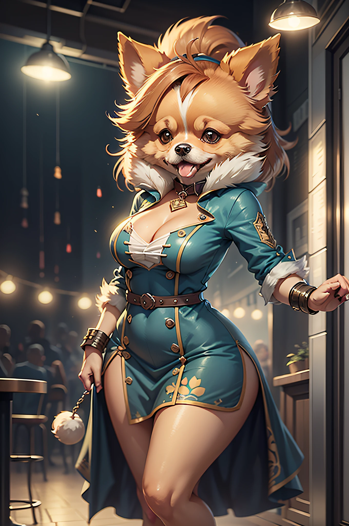 （Woman in party dress）Cartoon Anthropomorphic Pomeranian Dog、The background is the party venue