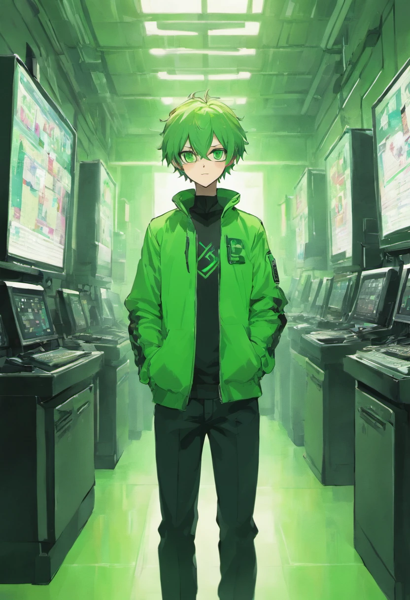 Upper Body Up、Man stands cool, He wears a green jacket, He wears black pants, He has short green hair, He has green eyes, He wears sunglasses, He is in a computer lab, Trader's White Room, The Future of White Machines, Very peaceful atmosphere, Extremely detailed