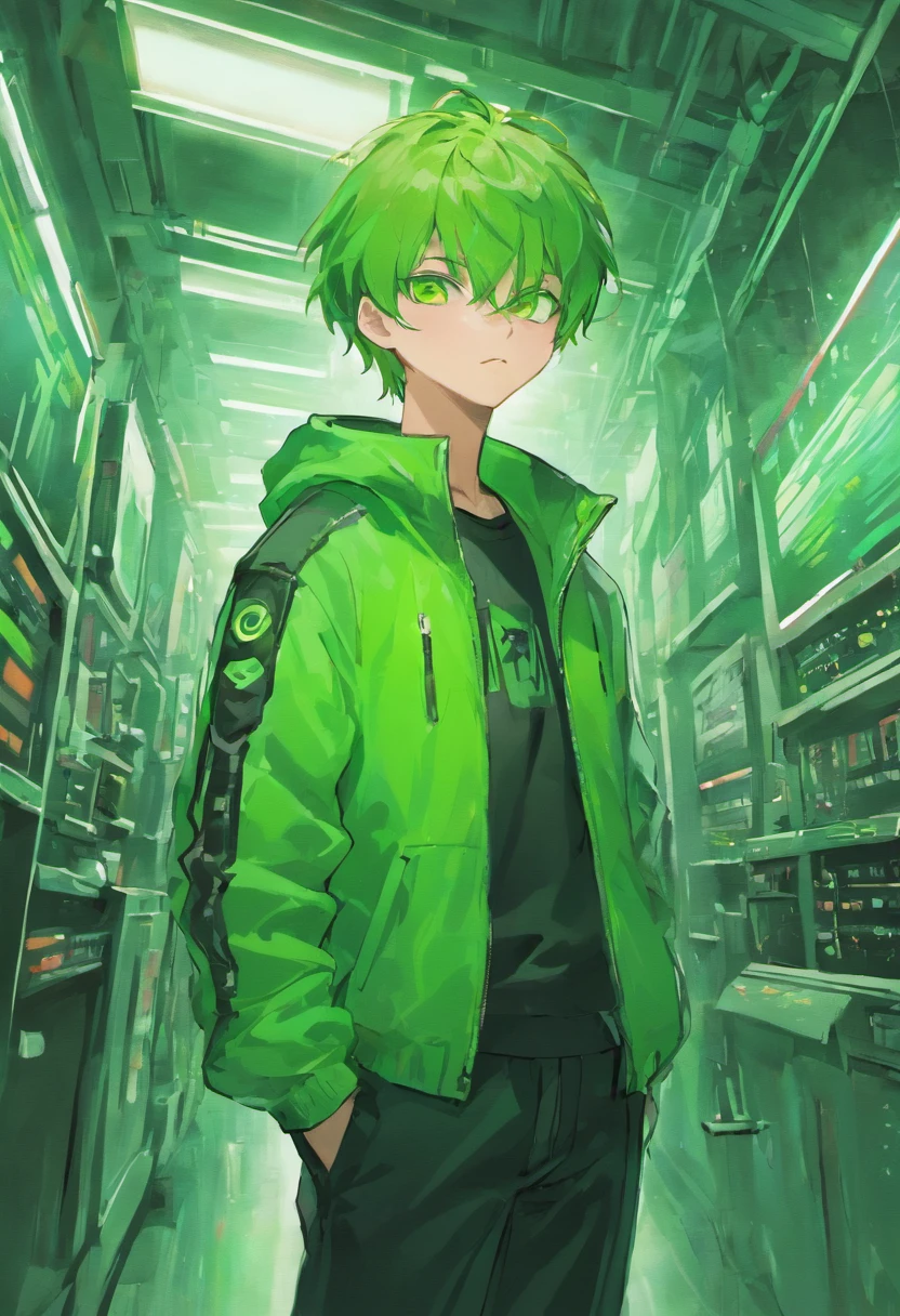 Upper Body Up、Man stands cool, He wears a green jacket, He wears black pants, He has short green hair, He has green eyes, He wears sunglasses, He is in a computer lab, Trader's White Room, The Future of White Machines, Very peaceful atmosphere, Extremely detailed