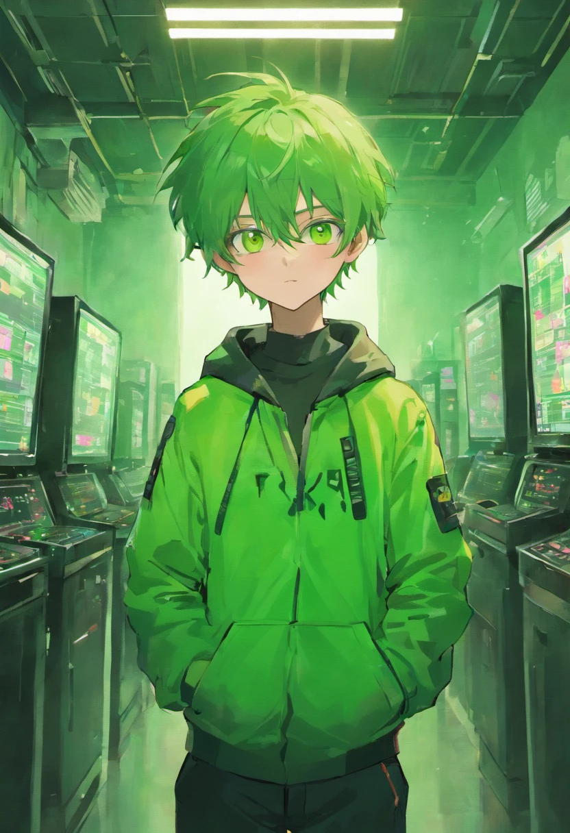 Upper Body Up、Man stands cool, He wears a green jacket, He wears black pants, He has short green hair, He has green eyes, He wears sunglasses, He is in a computer lab, Trader's White Room, The Future of White Machines, Very peaceful atmosphere, Extremely detailed